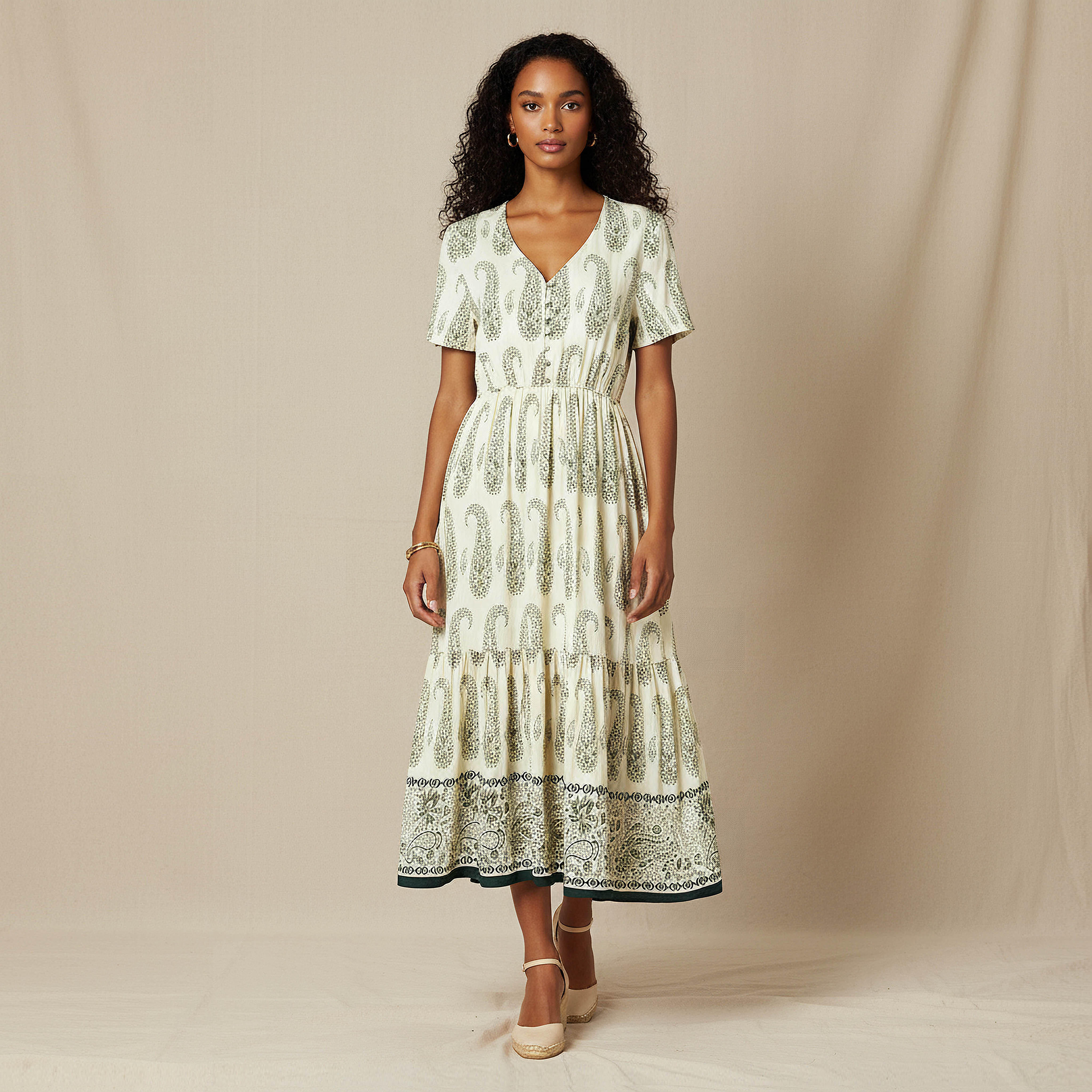 Paisley Print Tiered Women Dress with Short Sleeves-women-clothing-dresses-image-1