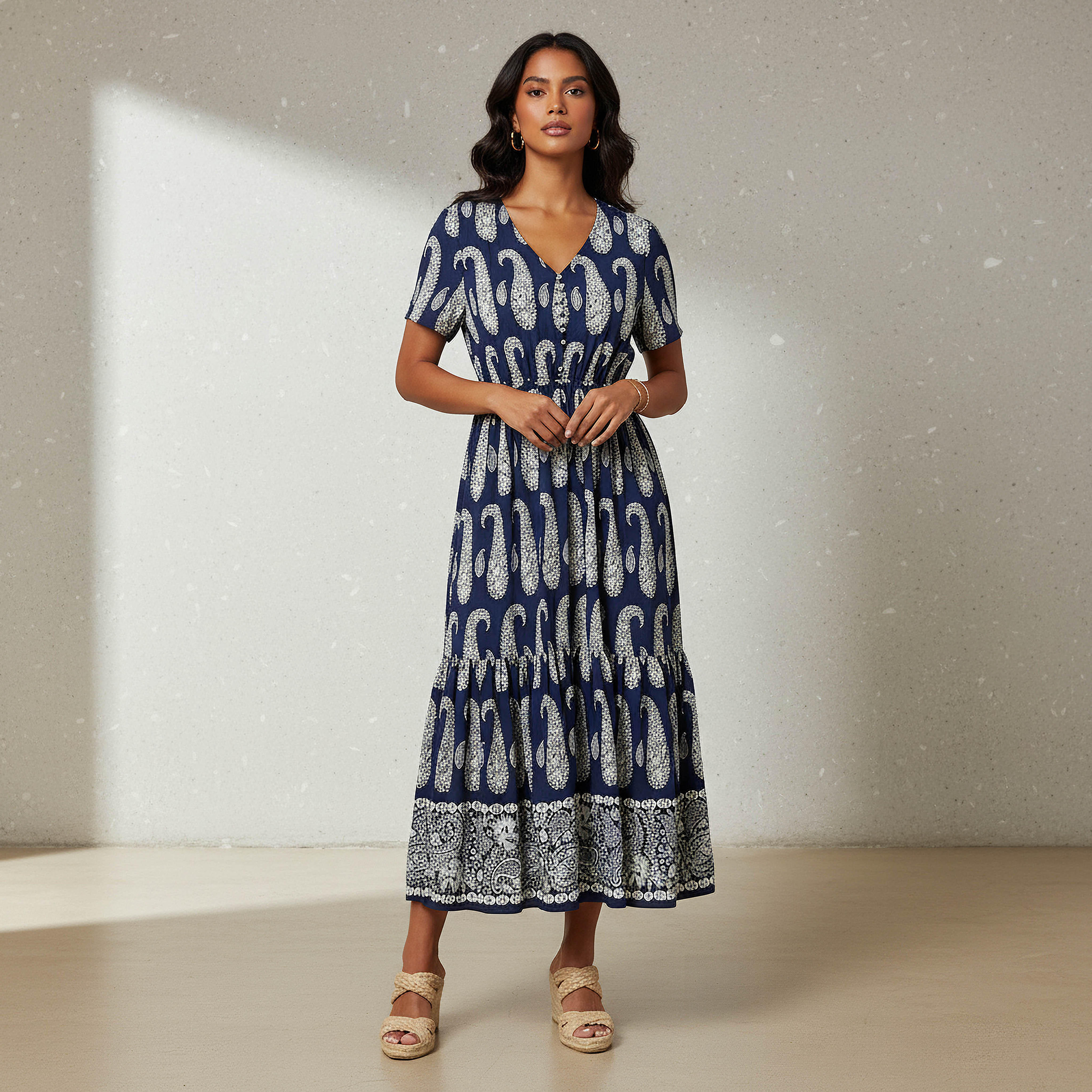 Paisley Print Tiered Women Dress with Short Sleeves-women-clothing-dresses-image-1