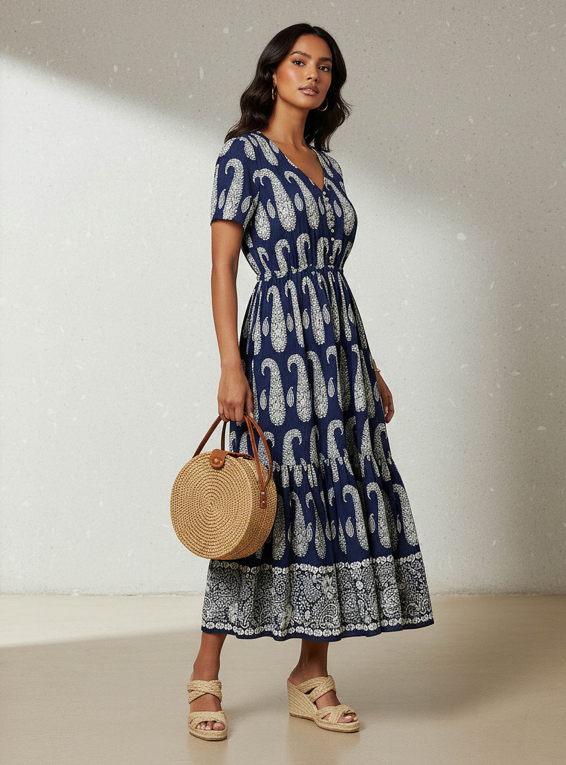 Paisley Print Tiered Women Dress with Short Sleeves-women-clothing-dresses-image-2