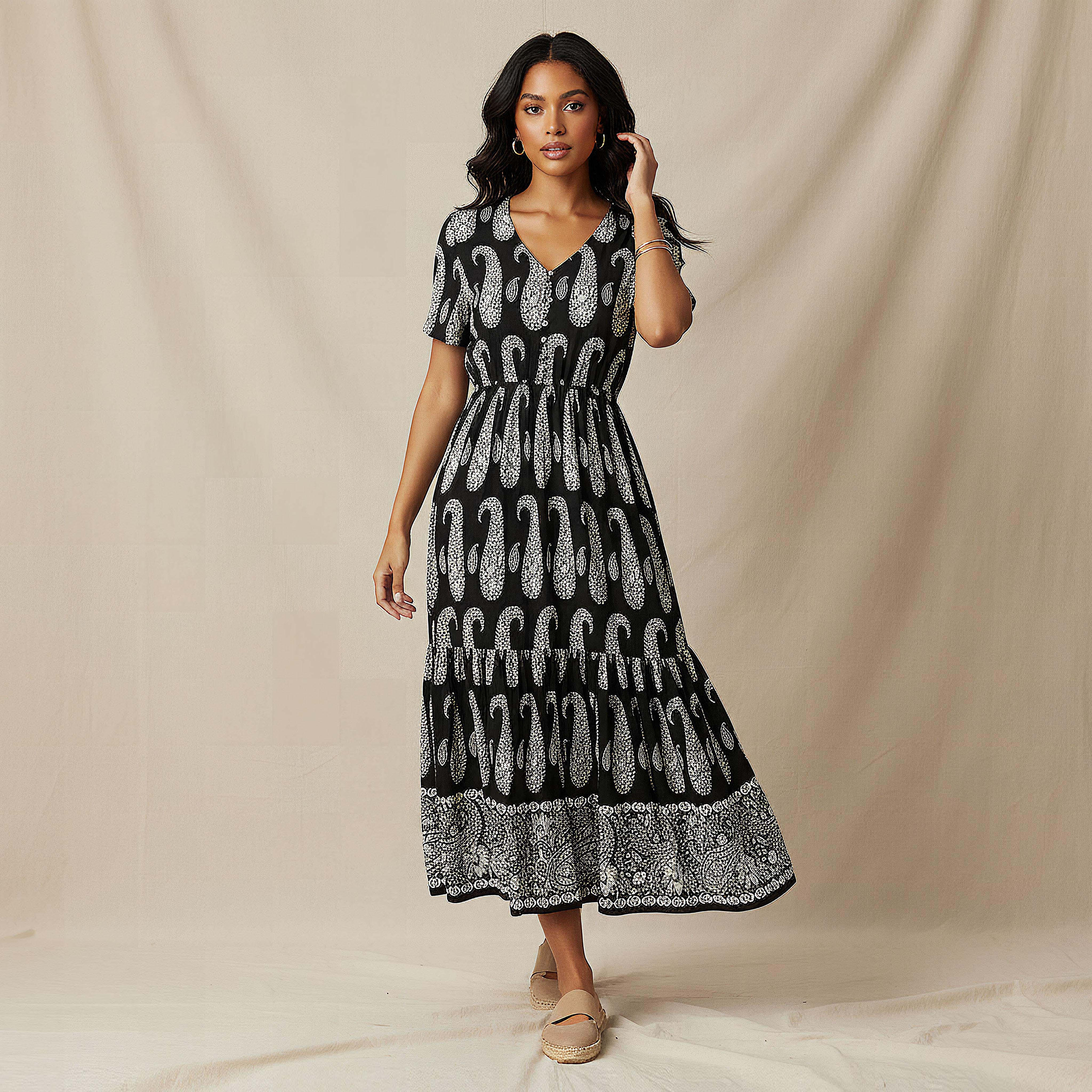 فستان متعدد الطبقات وطبعات بيزلي وأكمام قصيرة-women-clothing-dresses-image-1