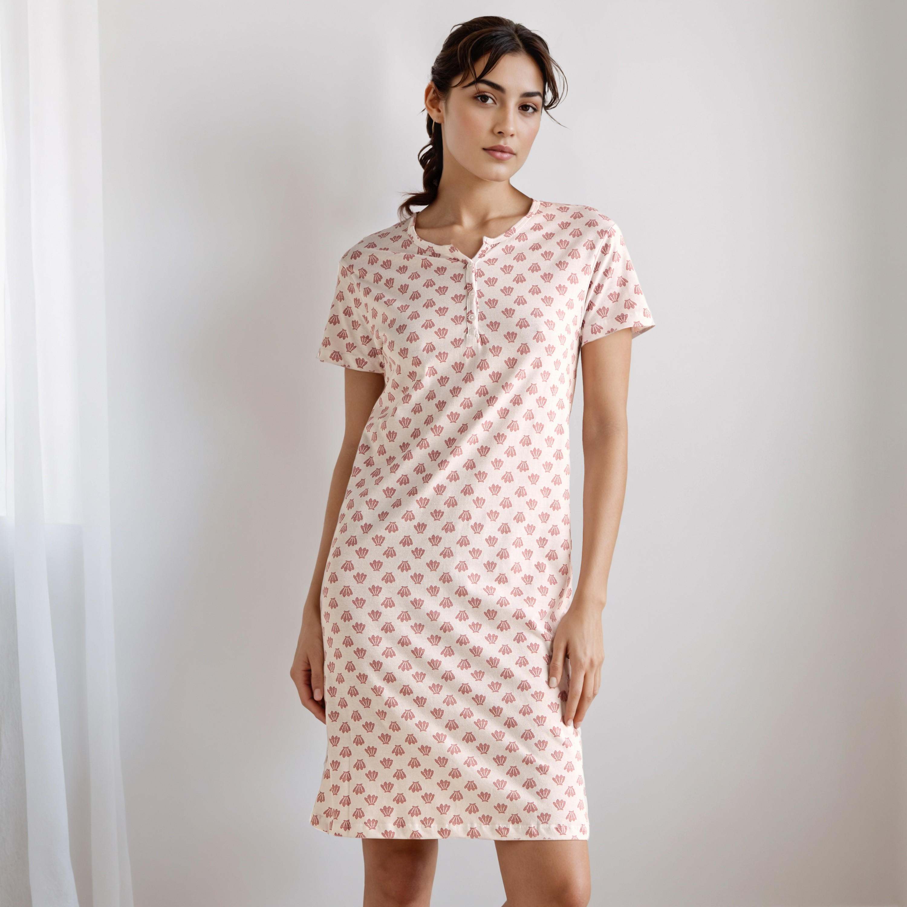 Knee Length Night Dress with Print-women-clothing-nightwear-nighties-image-1