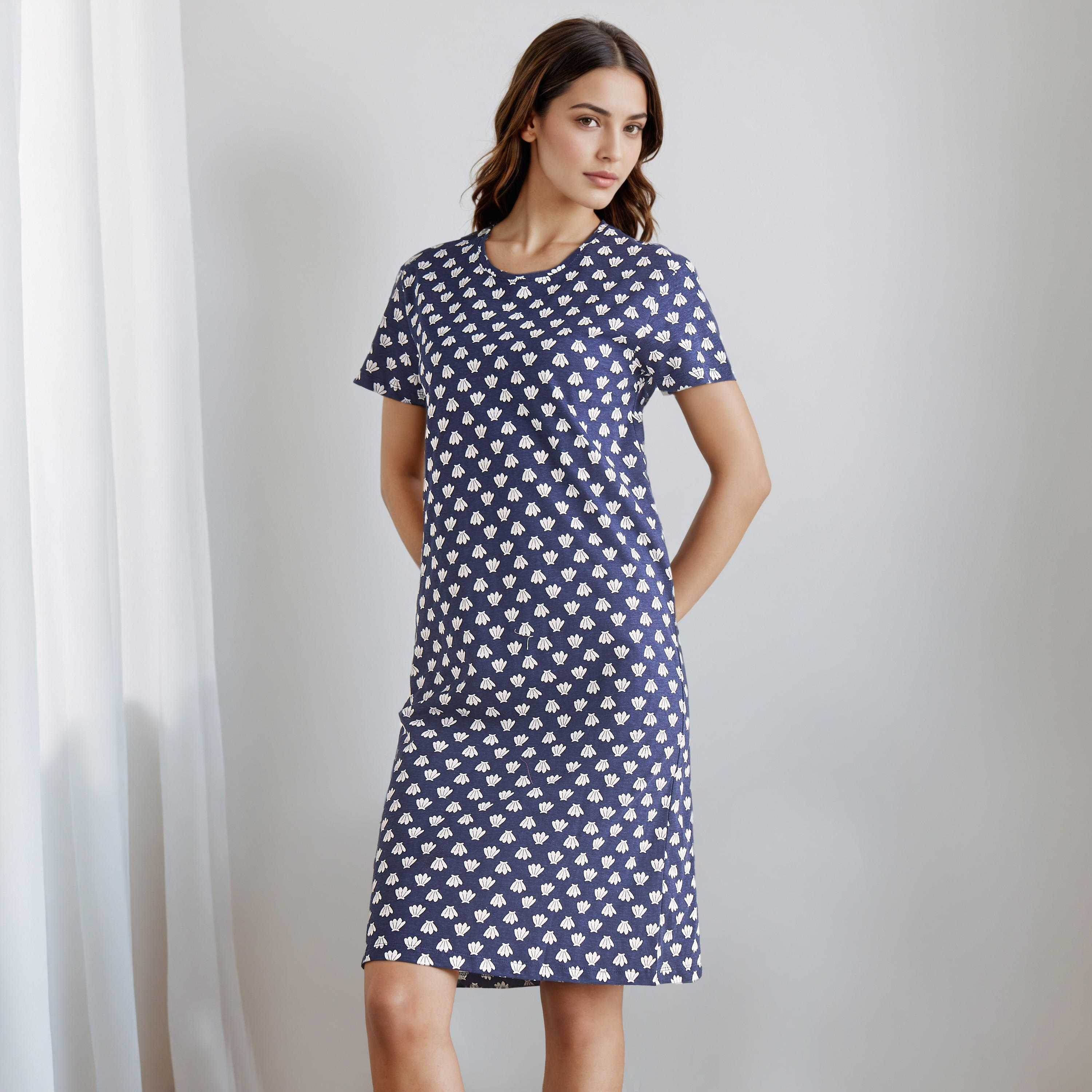 Knee Length Night Dress with Print-women-clothing-nightwear-nighties-image-2