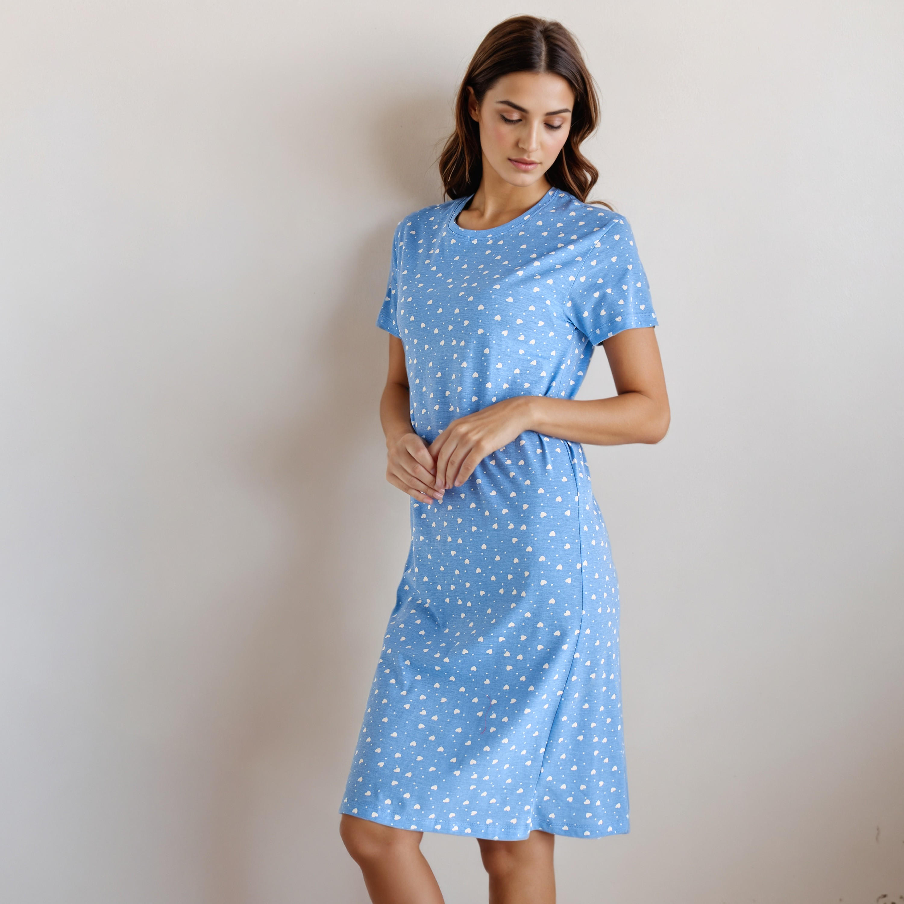 Knee Length Night Dress with Heart Print-women-clothing-nightwear-nighties-image-1