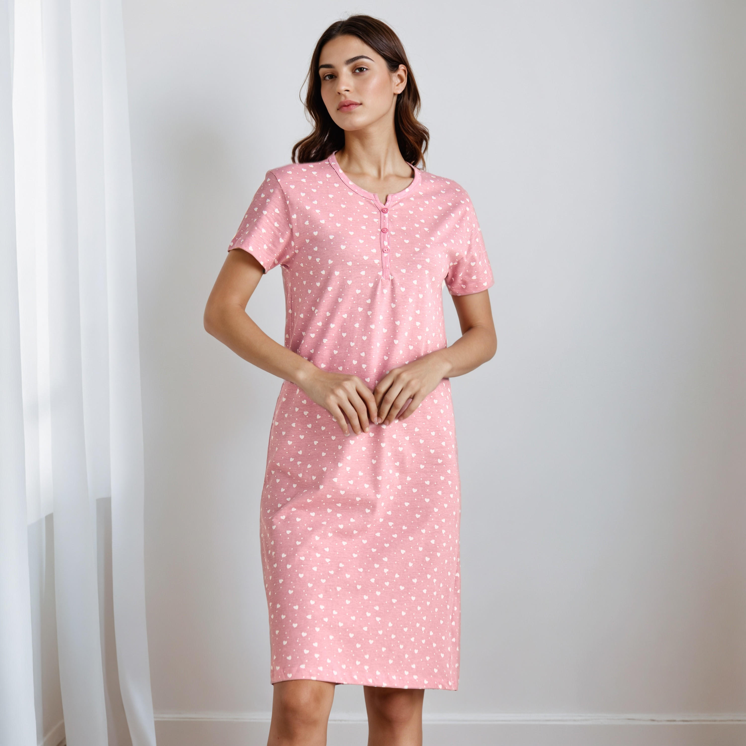 Knee Length Night Dress with Heart Print-women-clothing-nightwear-nighties-image-1