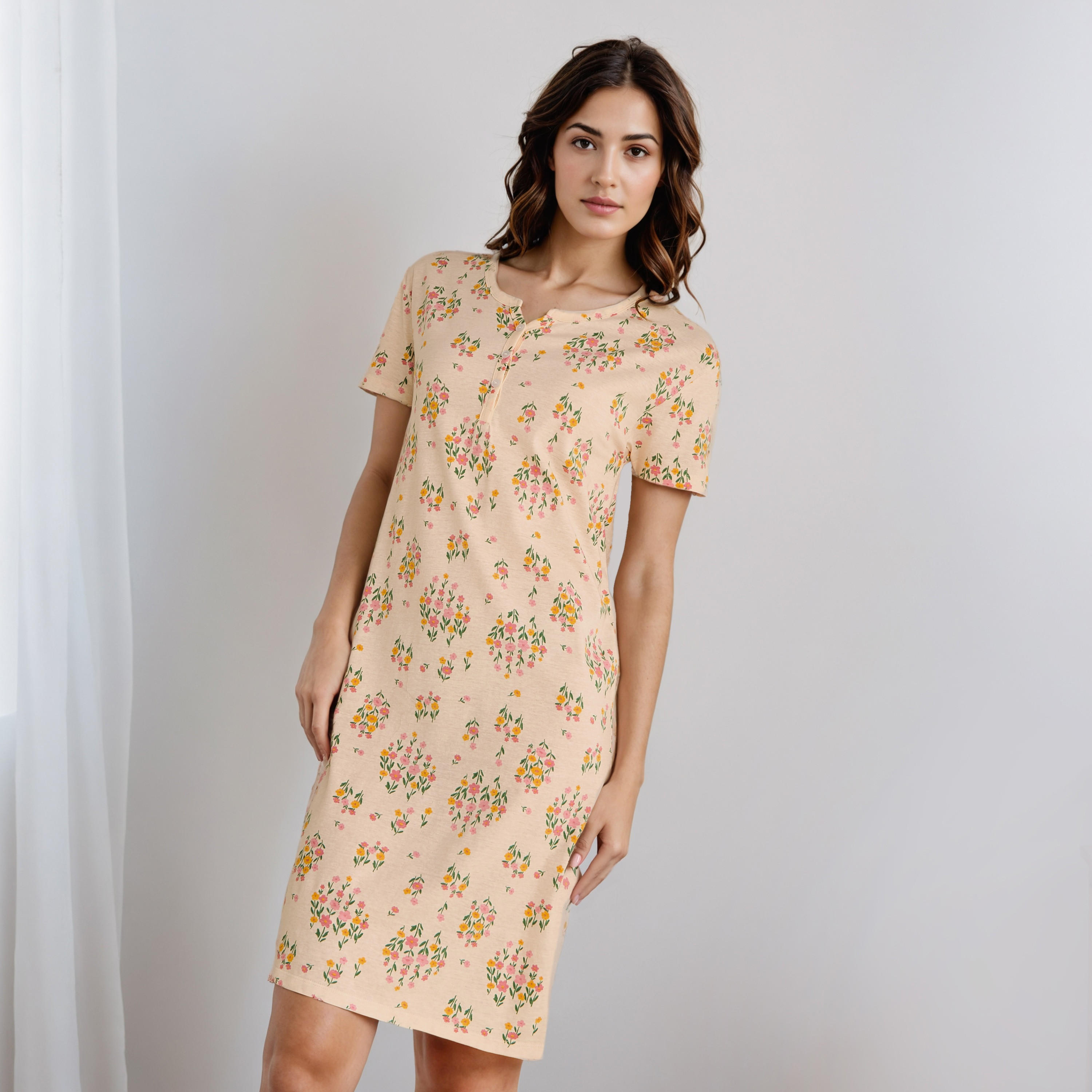 Knee Length Night Dress with Floral Print-women-clothing-nightwear-nighties-image-2