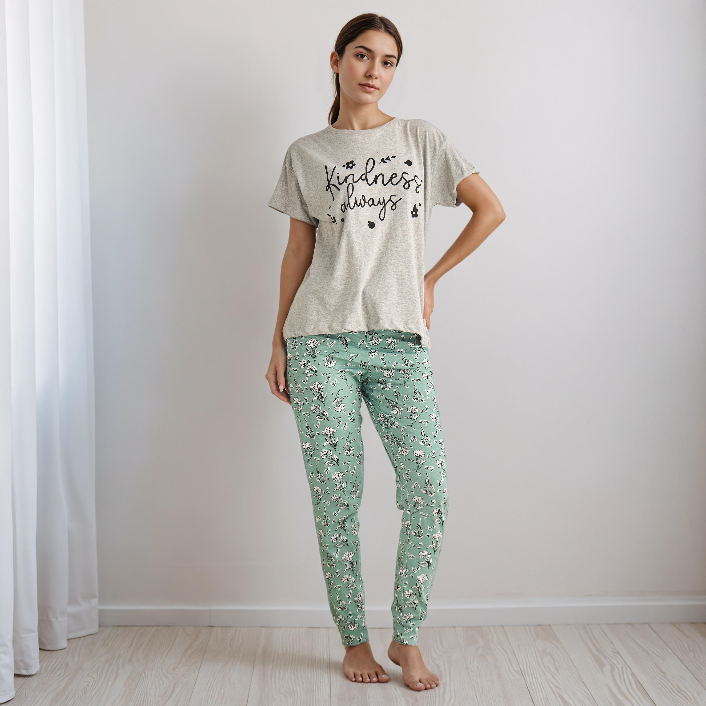 طقم تيشيرت وبنطلون بيجاما بطبعات-women-clothing-nightwear-pyjamas-longsets-image-1