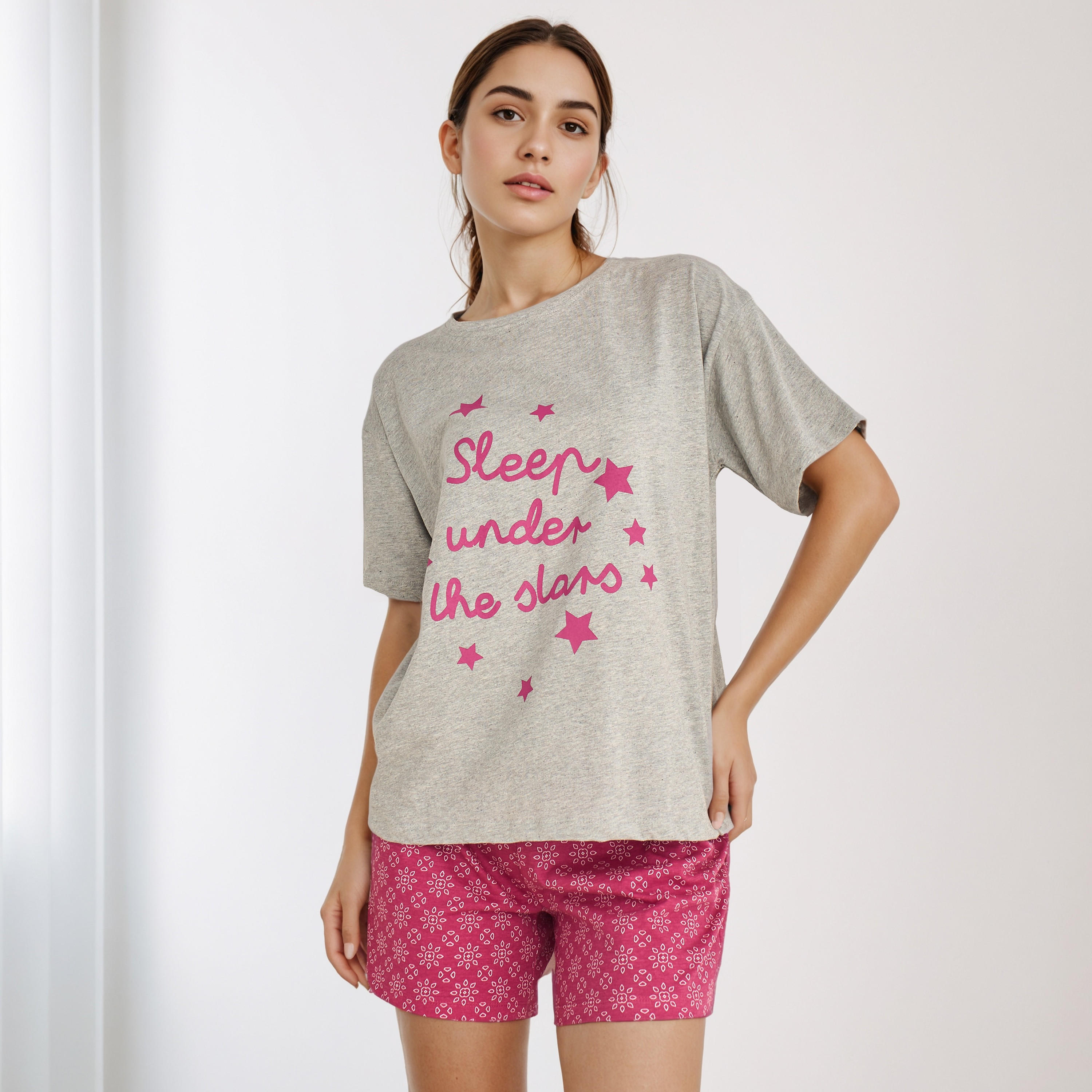 طقم بيجاما تيشيرت وشورت قطن-women-clothing-nightwear-pyjamas-shortsets-image-1