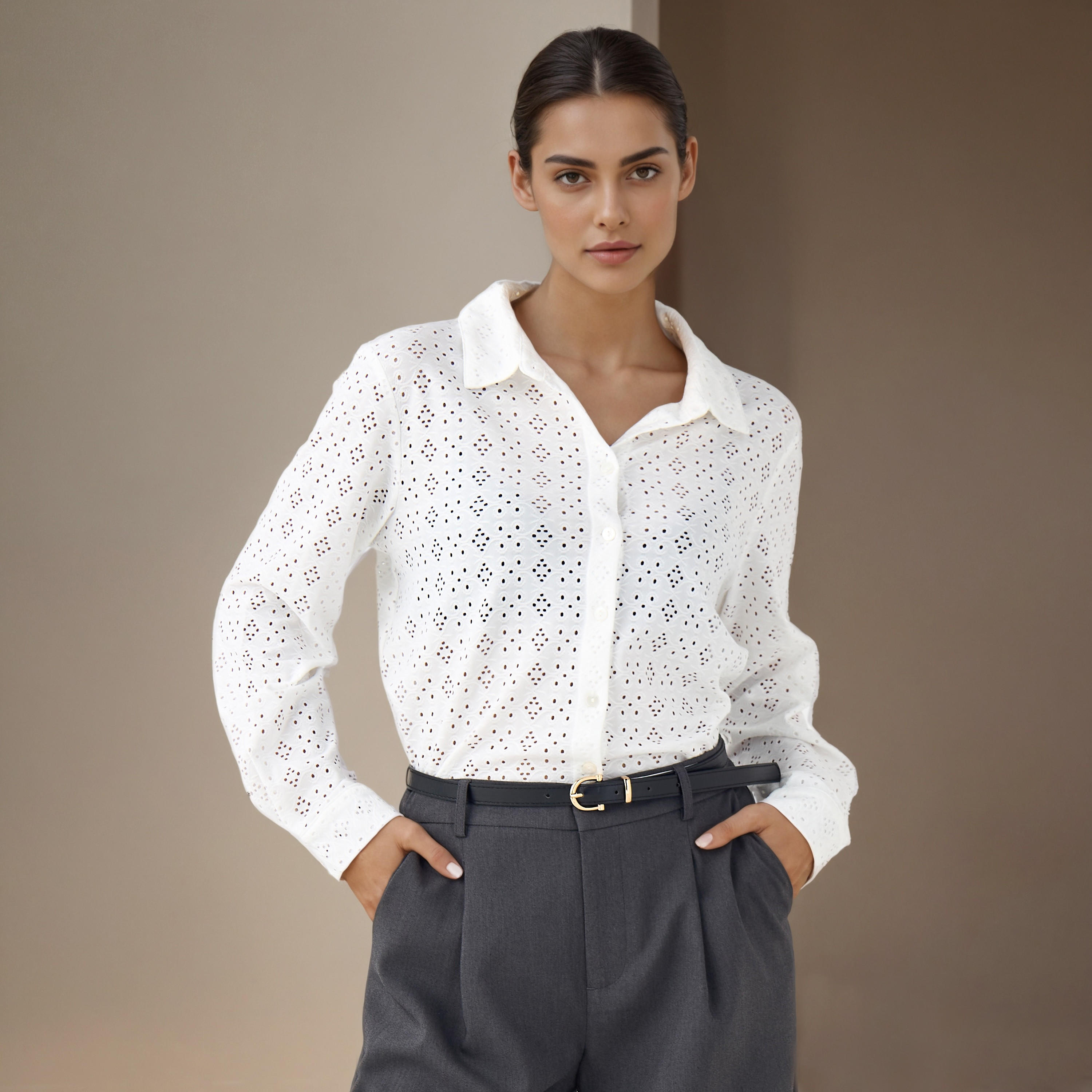 Regular Fit Viscose Schiffli Textured Shirt with Collar-women-clothing-shirtsandblouses-shirts-image-1