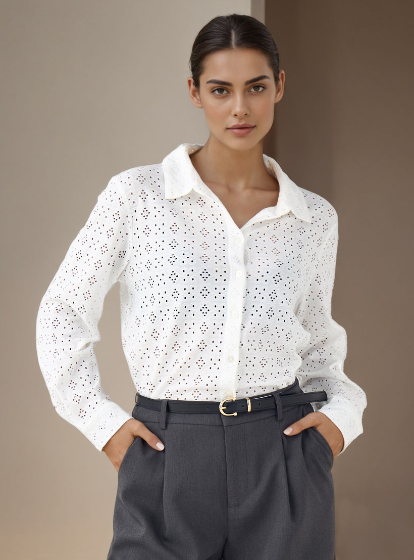Regular Fit Viscose Schiffli Textured Shirt with Collar-women-clothing-shirtsandblouses-shirts-image-1