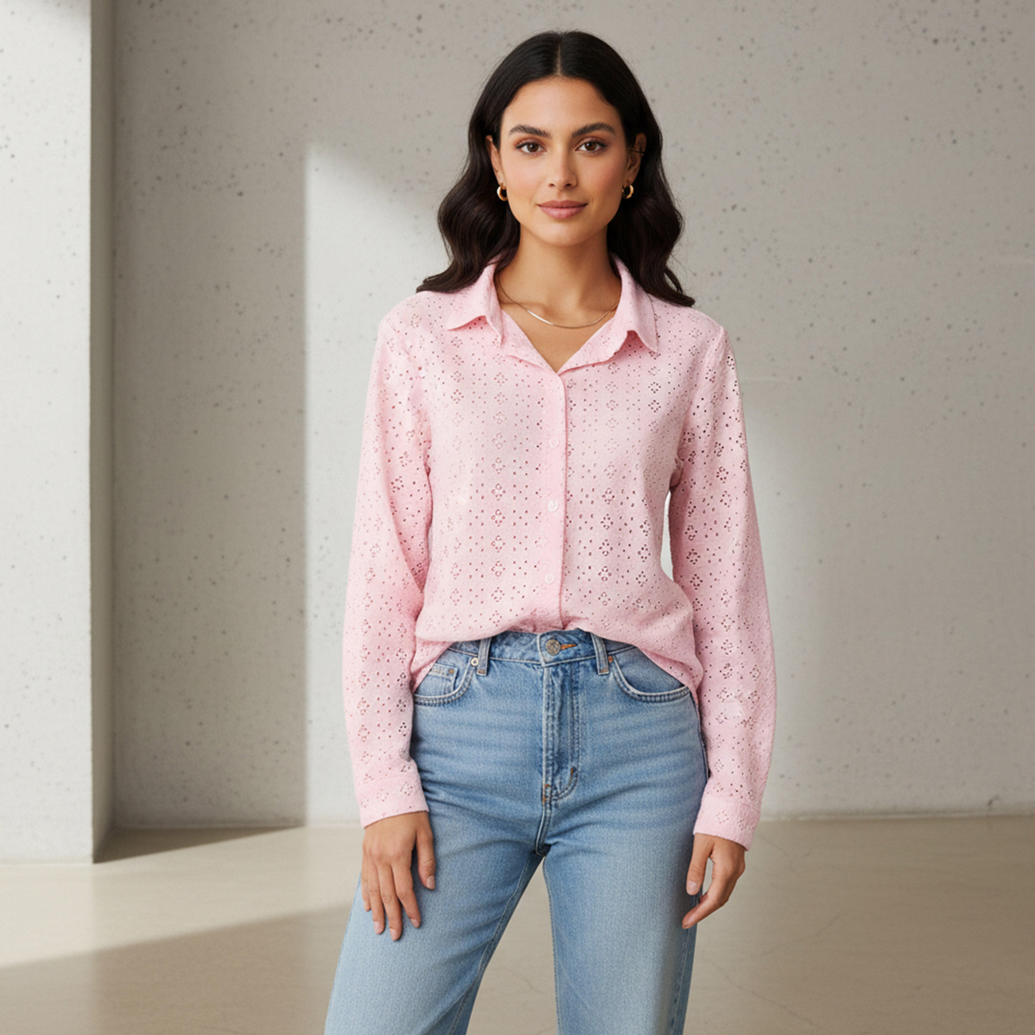 Regular Fit Viscose Schiffli Textured Shirt with Collar-women-clothing-shirtsandblouses-shirts-image-1