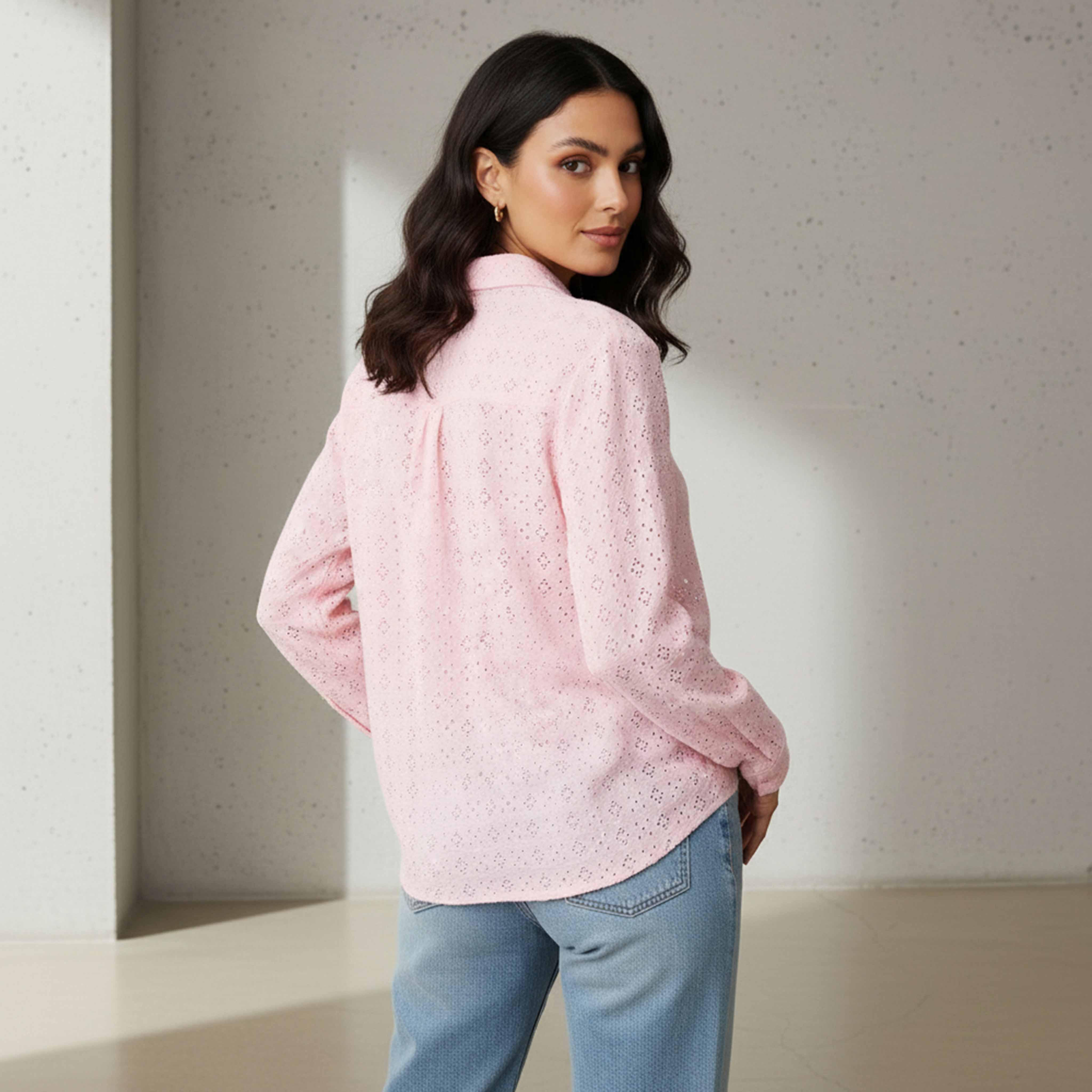 Regular Fit Viscose Schiffli Textured Shirt with Collar-women-clothing-shirtsandblouses-shirts-image-3