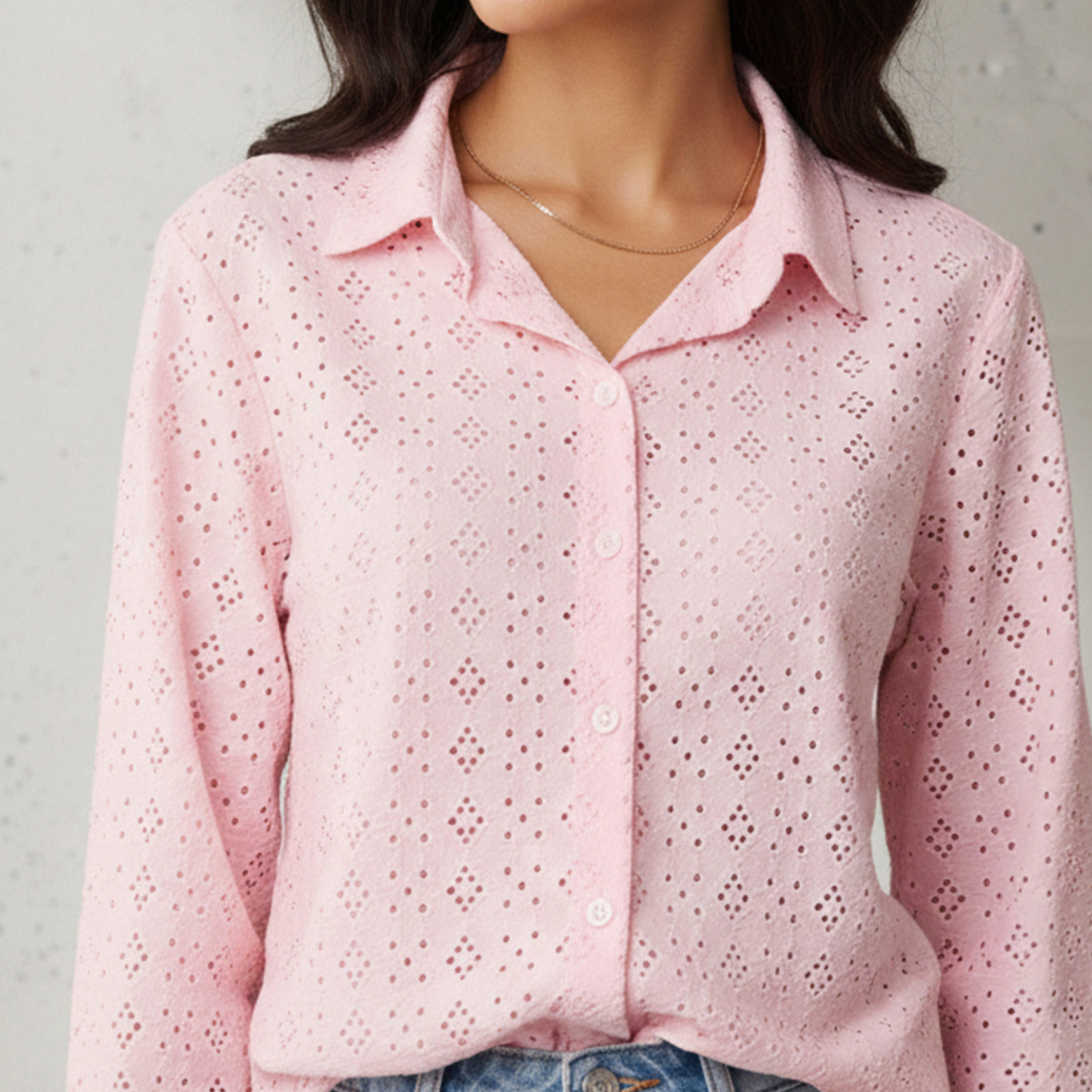 Regular Fit Viscose Schiffli Textured Shirt with Collar-women-clothing-shirtsandblouses-shirts-image-4