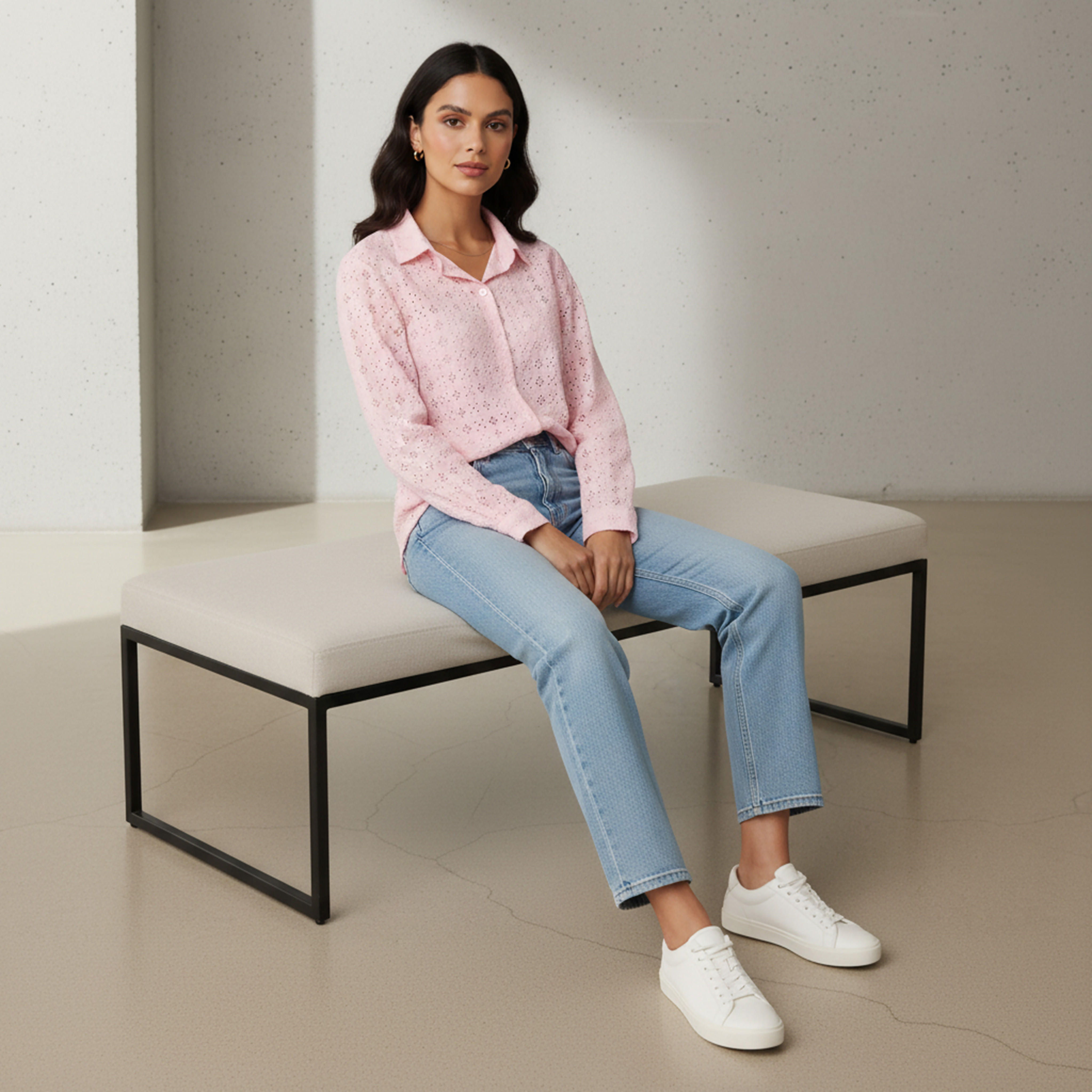 Regular Fit Viscose Schiffli Textured Shirt with Collar-women-clothing-shirtsandblouses-shirts-image-5
