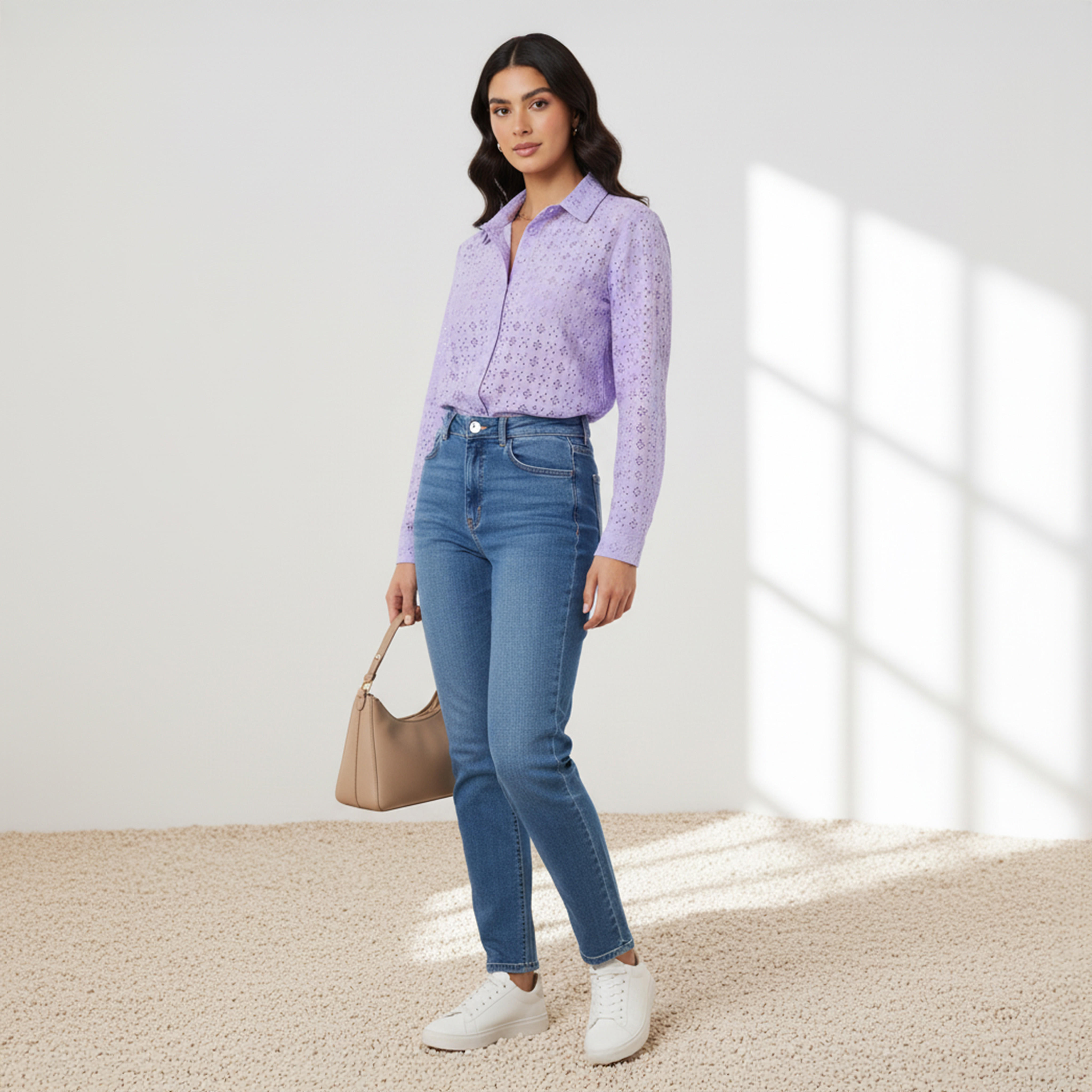 قميص شيفلي بارز الملمس بقصة عادية وياقة-women-clothing-shirtsandblouses-shirts-image-2