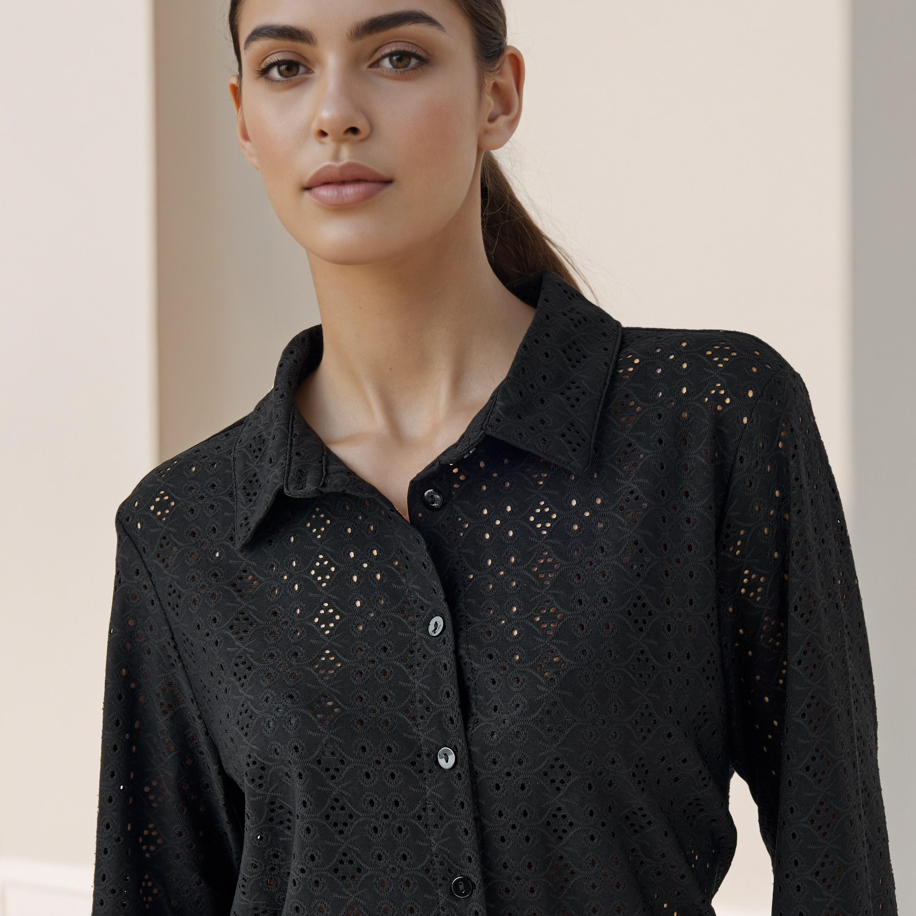 قميص شيفلي بارز الملمس بقصة عادية وياقة-women-clothing-shirtsandblouses-shirts-image-4