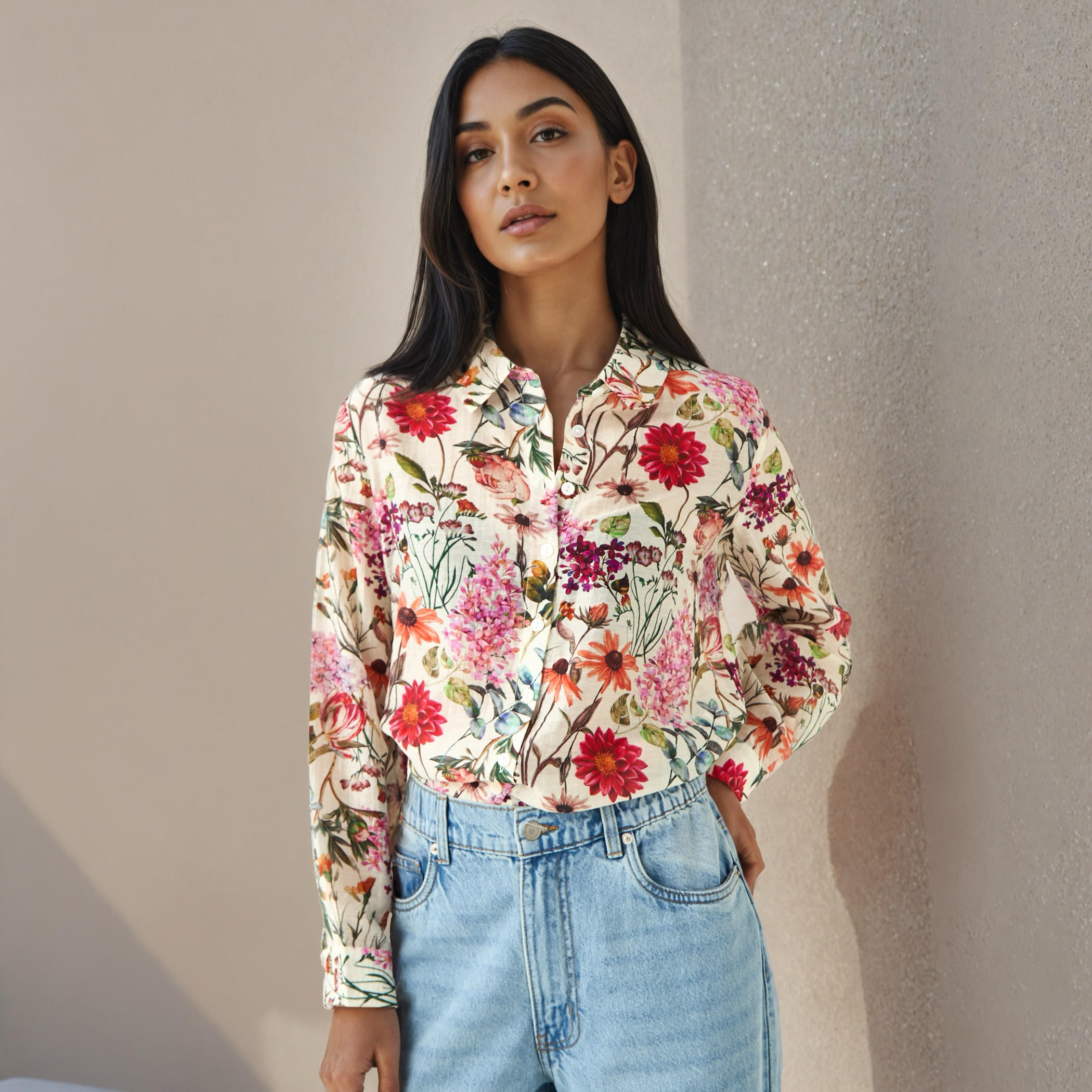 Regular Fit Viscose Floral Print Shirt with Collar-women-clothing-shirtsandblouses-shirts-image-1