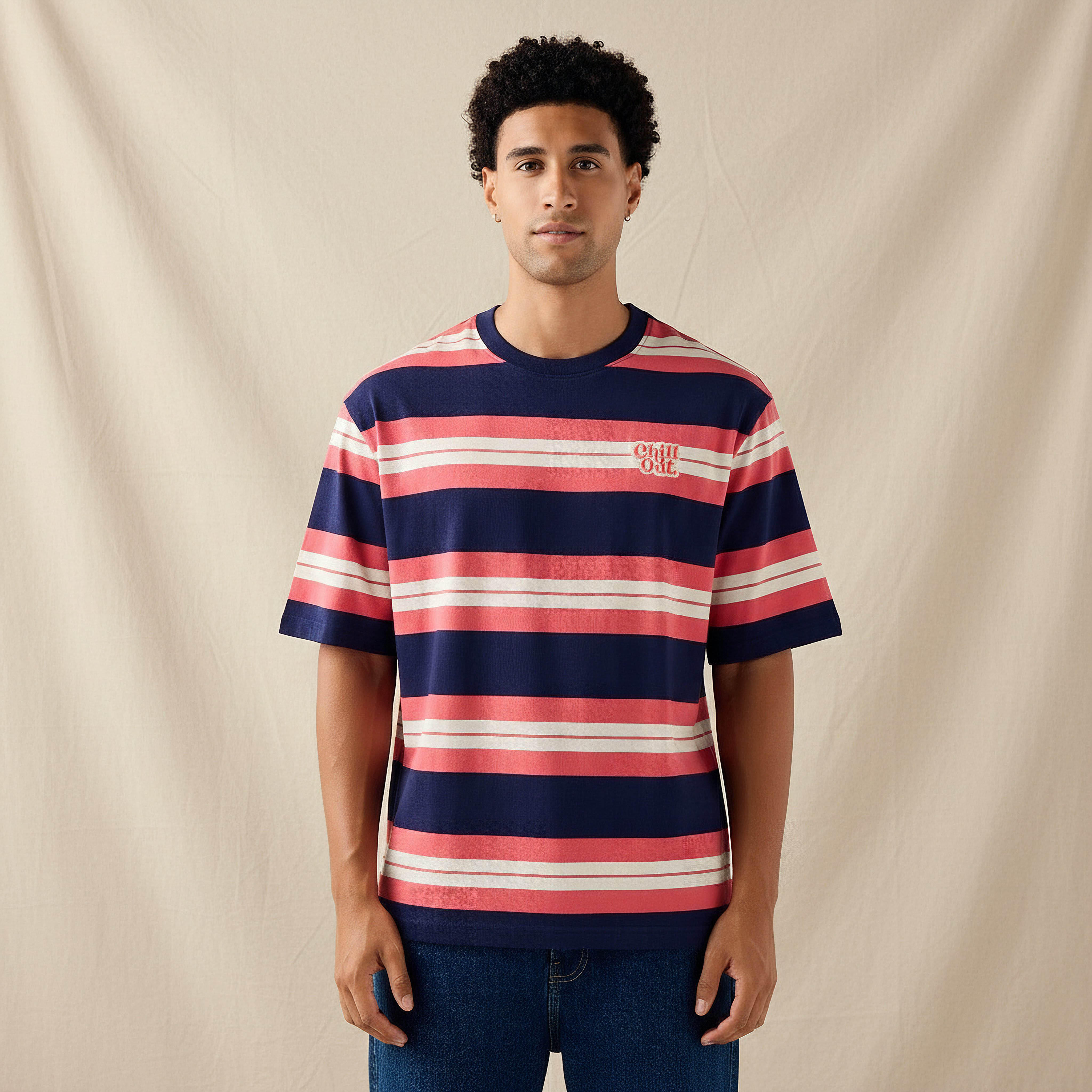 تيشيرت مخطط بقصة عادية وياقة ضيقة وأكمام قصيرة للرجال-men-clothing-tshirtsandpolos-tshirts-image-1