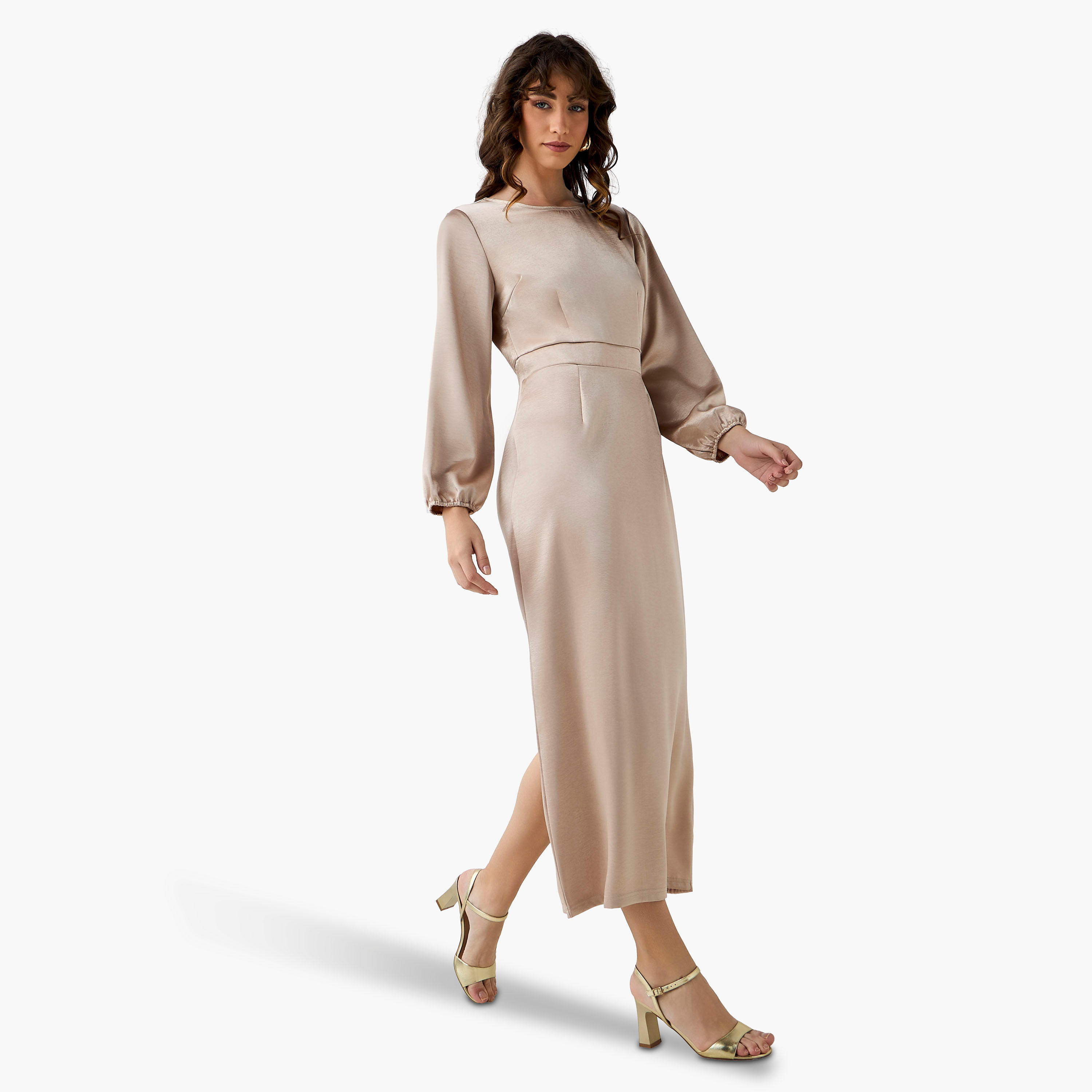Maxi Satin Evening Dress with Back Slit Detail-women-clothing-dresses-image-1