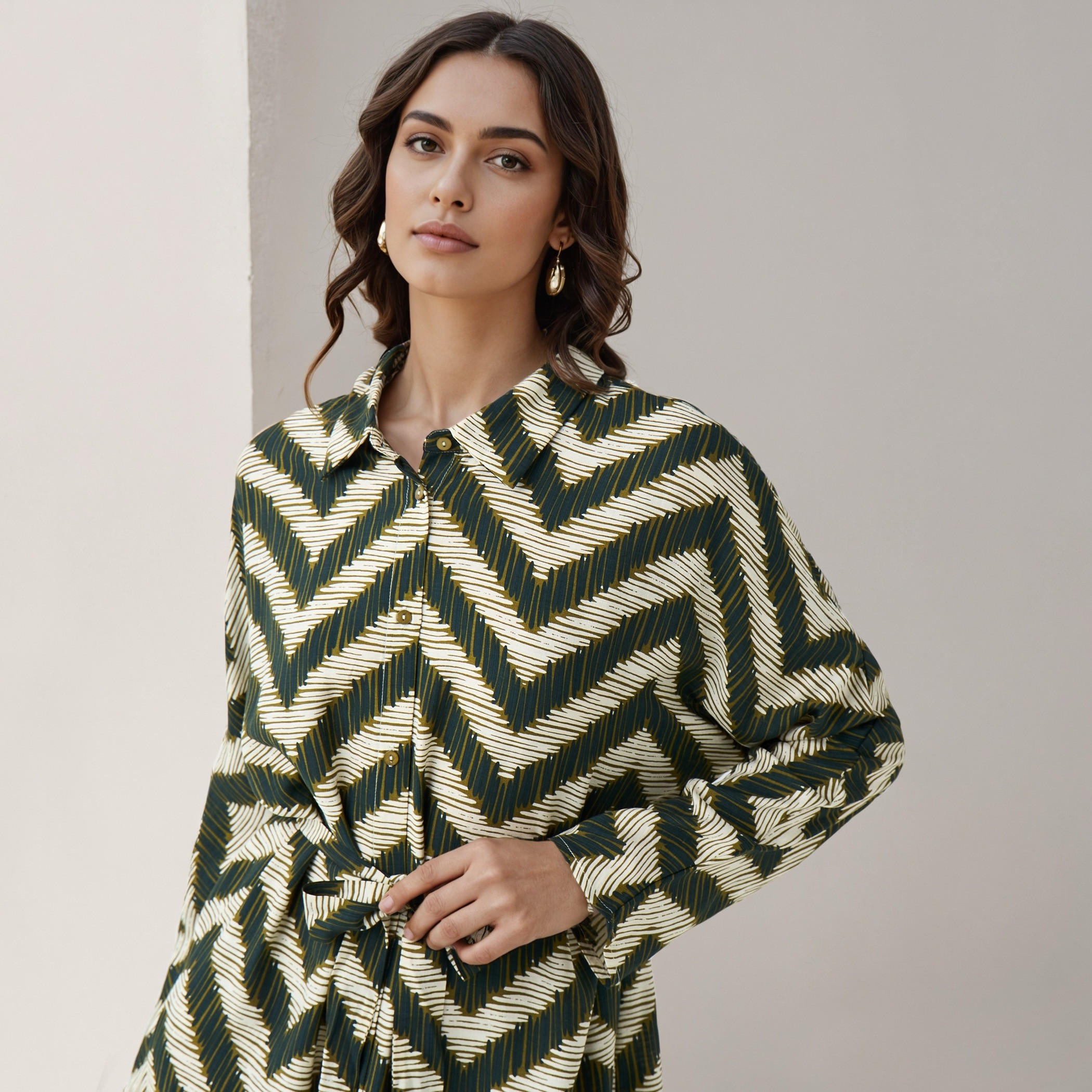 Printed Cotton Workwear Dress with High-Low Hemline-women-clothing-dresses-image-4