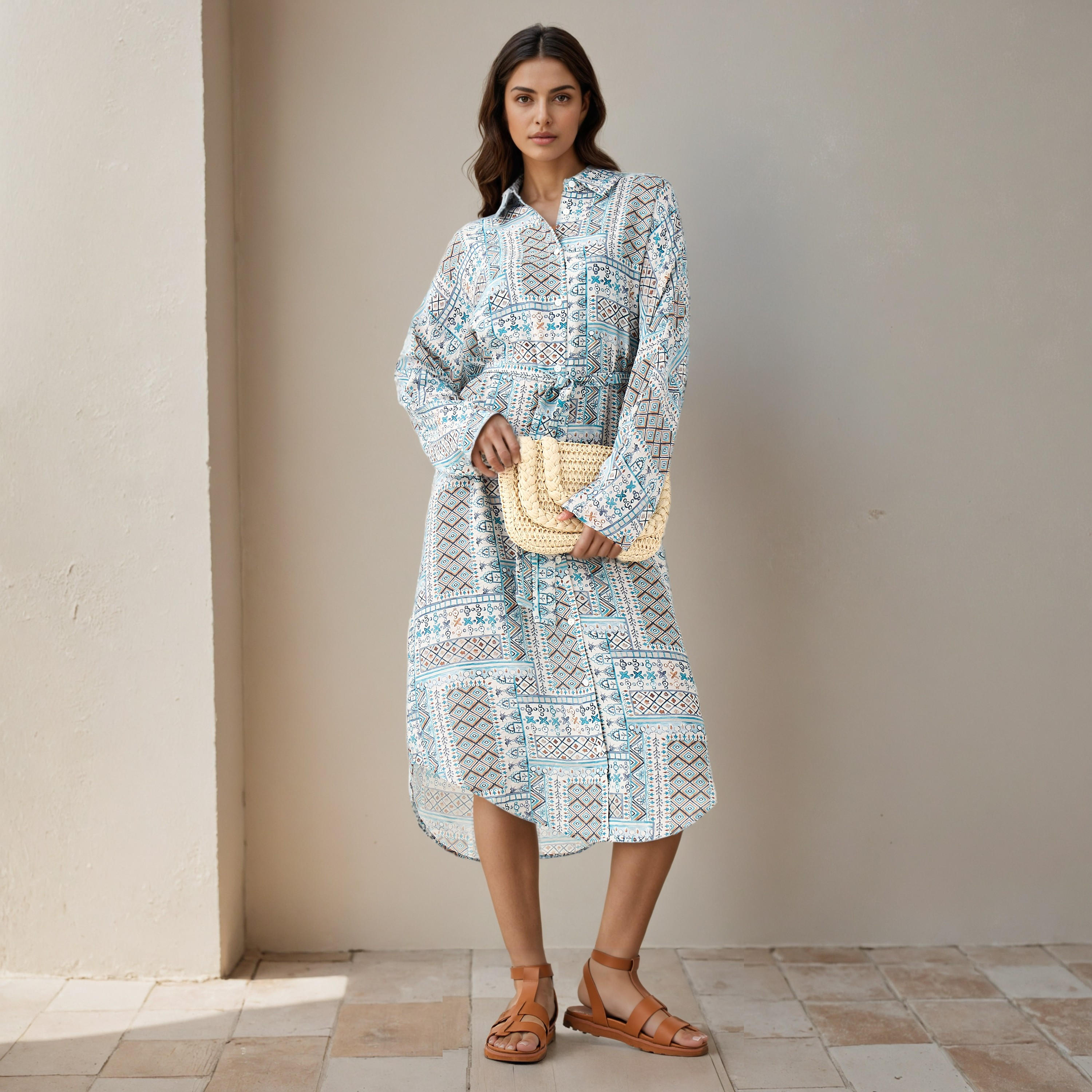 Printed Cotton Workwear Dress with High-Low Hemline-women-clothing-dresses-image-1