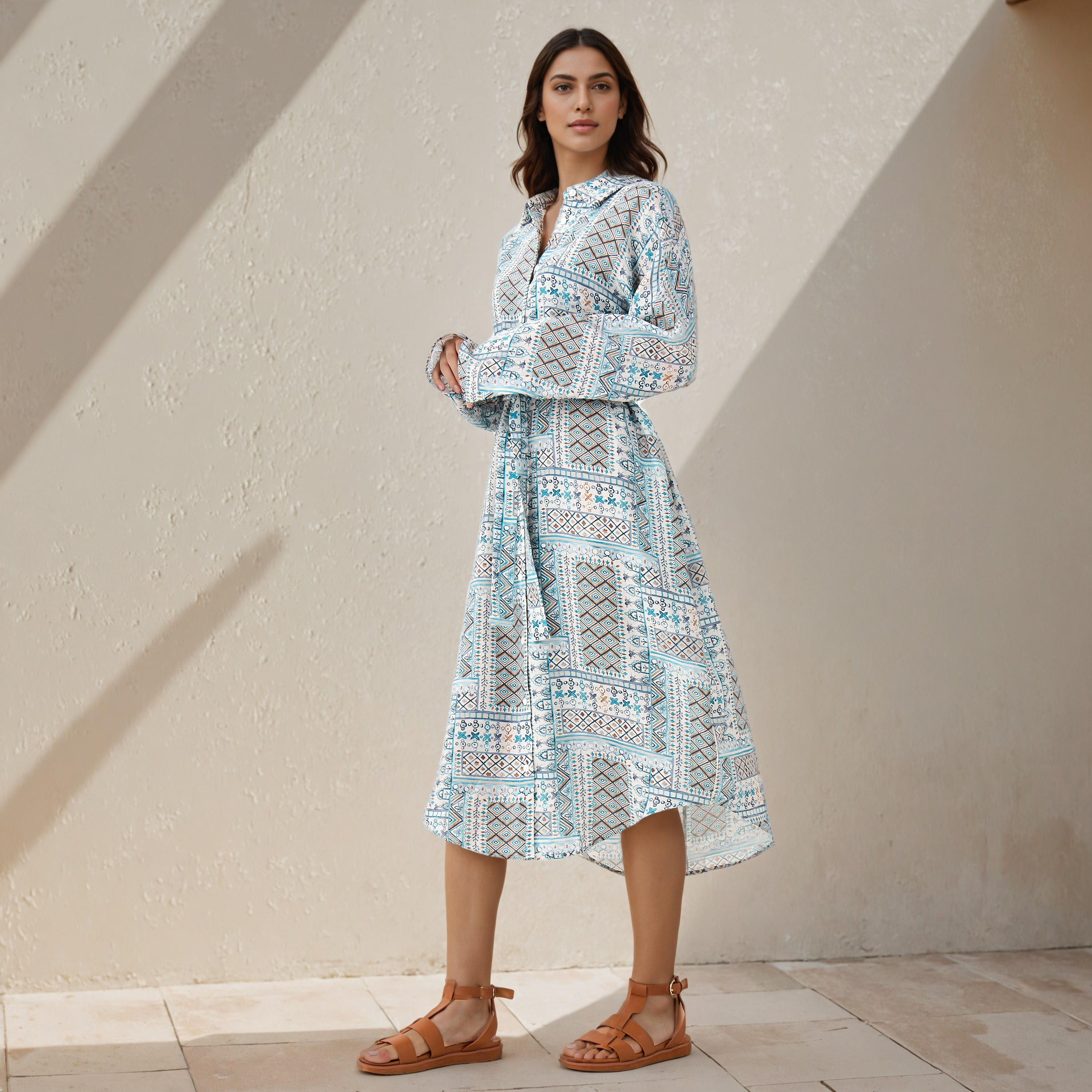 Printed Cotton Workwear Dress with High-Low Hemline-women-clothing-dresses-image-2