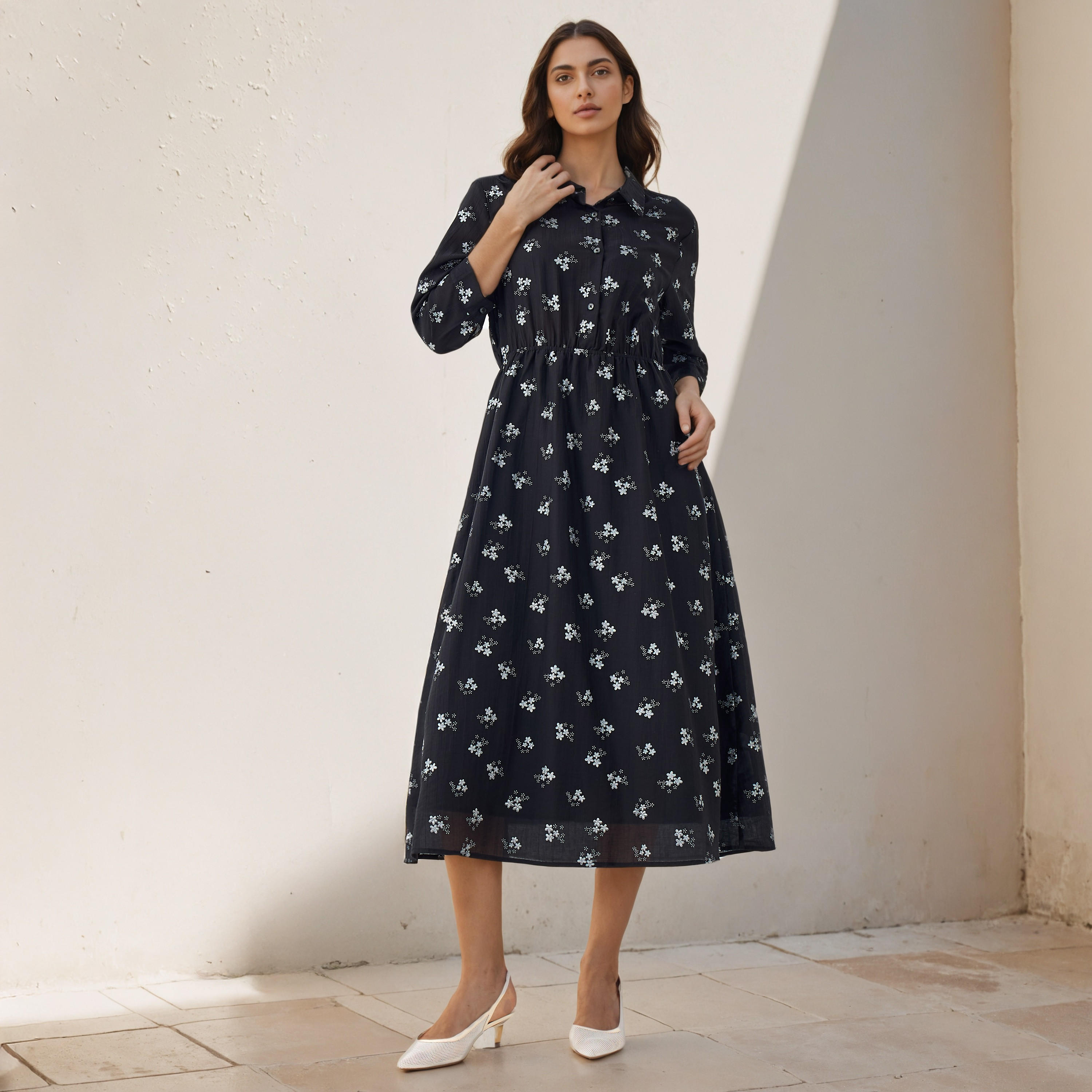 فستان قميص دينيم ميدي بطبعة زهور-women-clothing-dresses-image-1