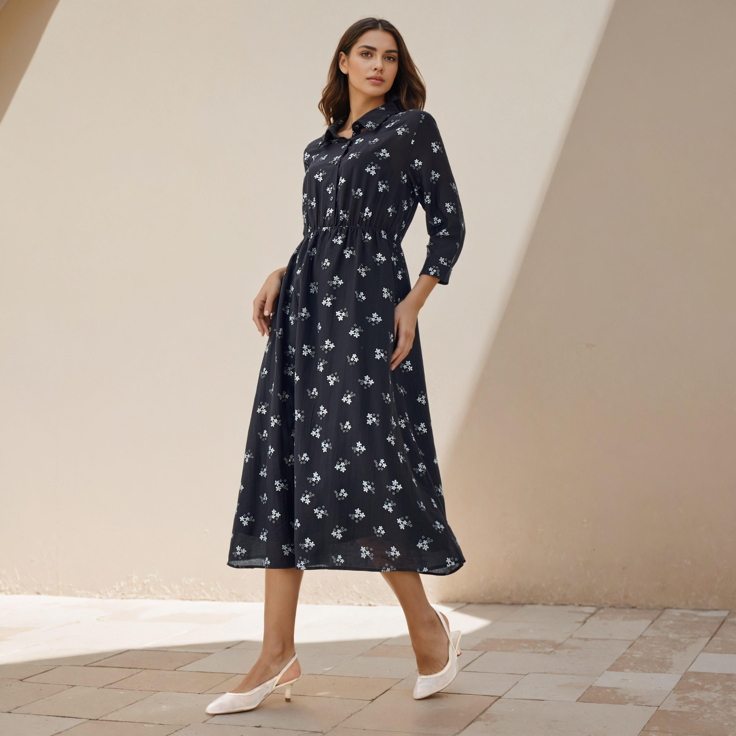 فستان قميص دينيم ميدي بطبعة زهور-women-clothing-dresses-image-2