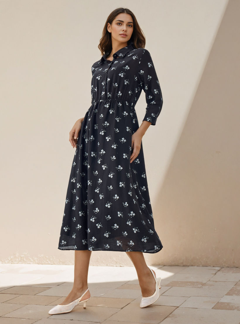 فستان قميص دينيم ميدي بطبعة زهور-women-clothing-dresses-image-2