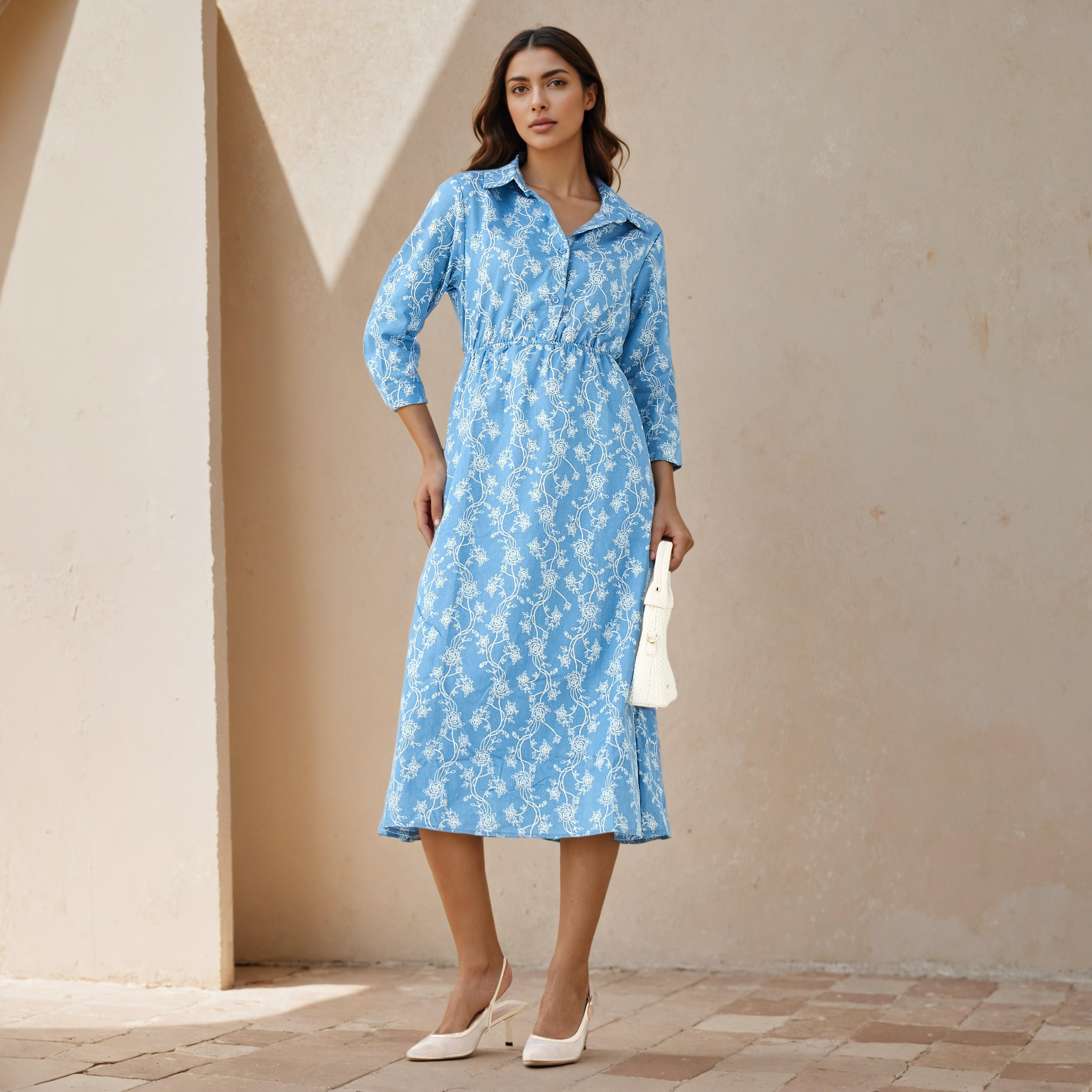 فستان قميص دينيم ميدي بطبعة زهور-women-clothing-dresses-image-2