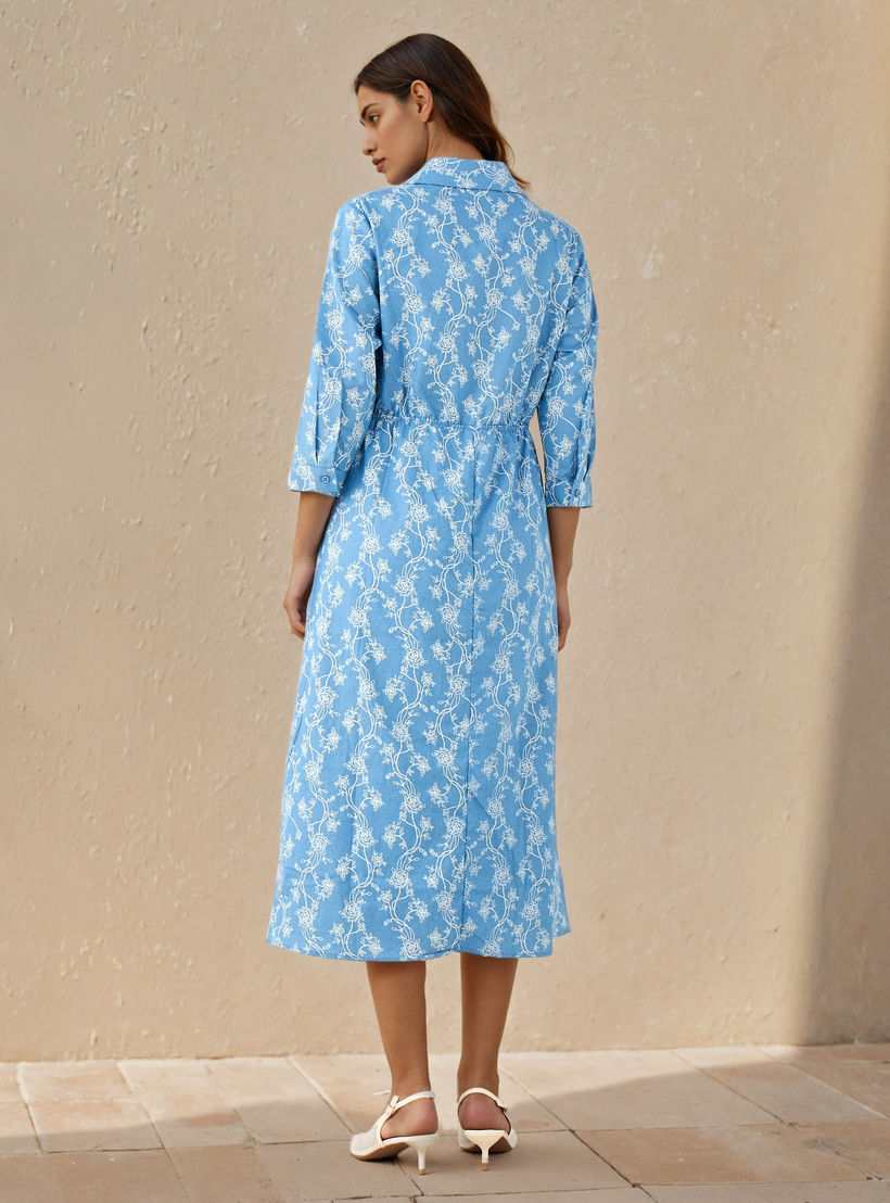 فستان قميص دينيم ميدي بطبعة زهور-women-clothing-dresses-image-3