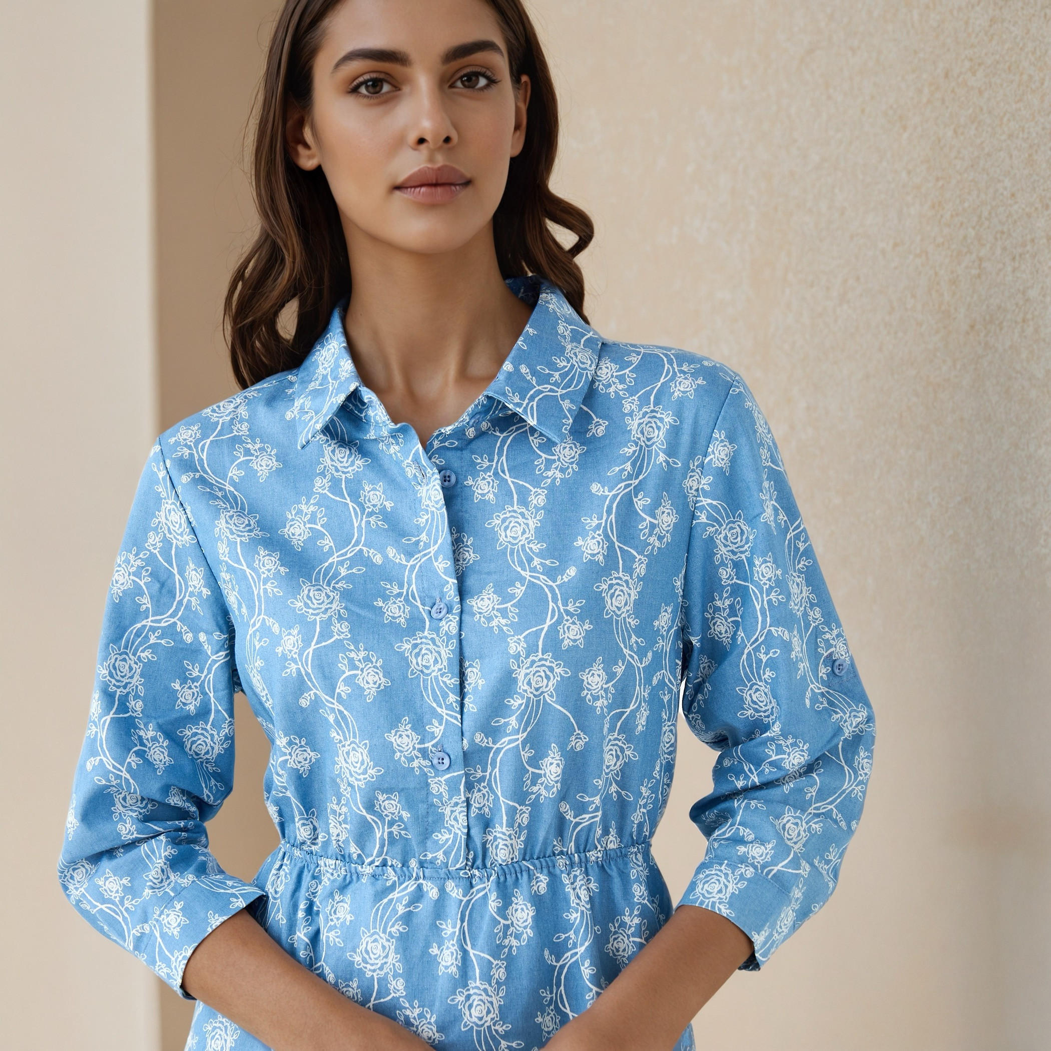 فستان قميص دينيم ميدي بطبعة زهور-women-clothing-dresses-image-5
