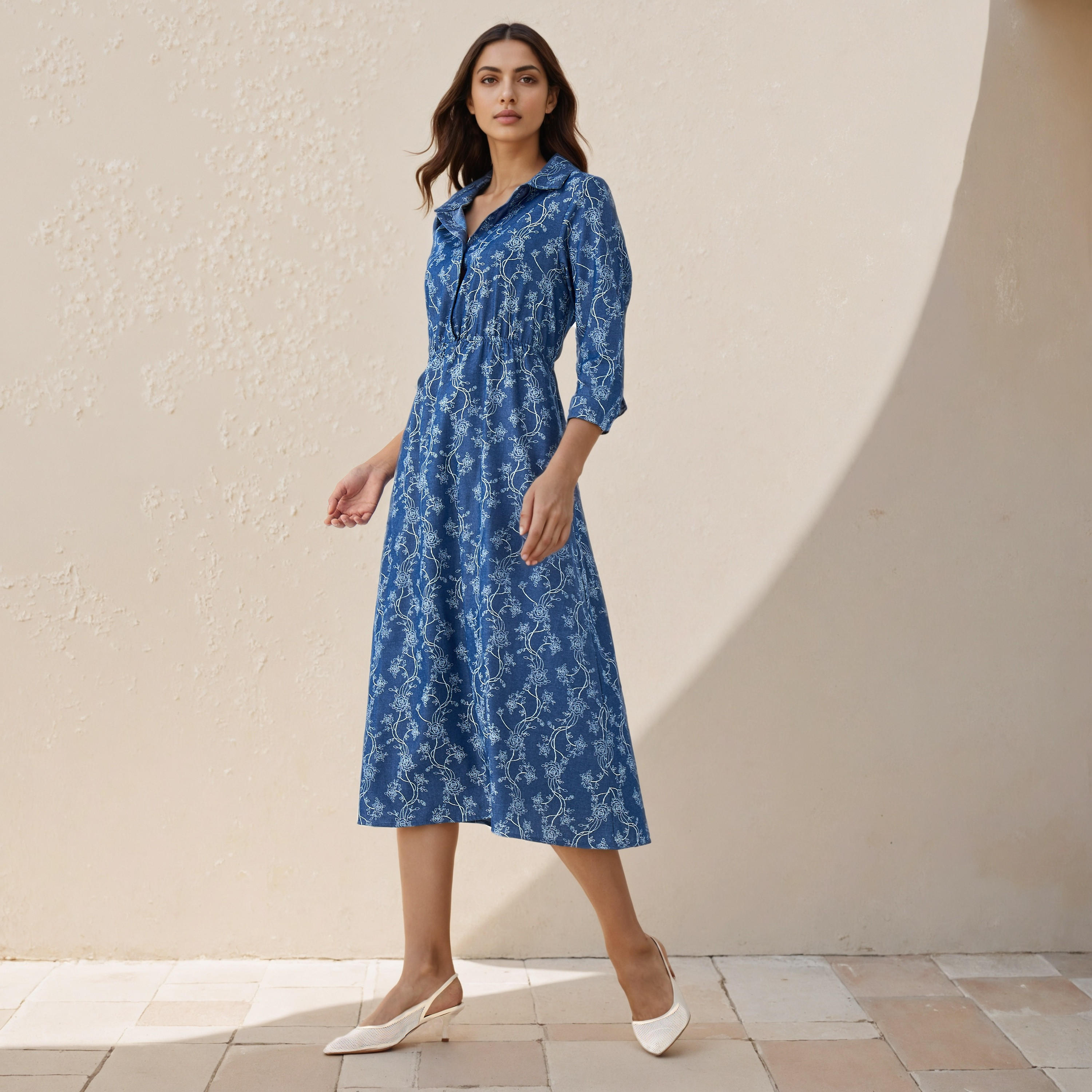 Midi Denim Shirt Dress with Floral Print-women-clothing-dresses-image-2