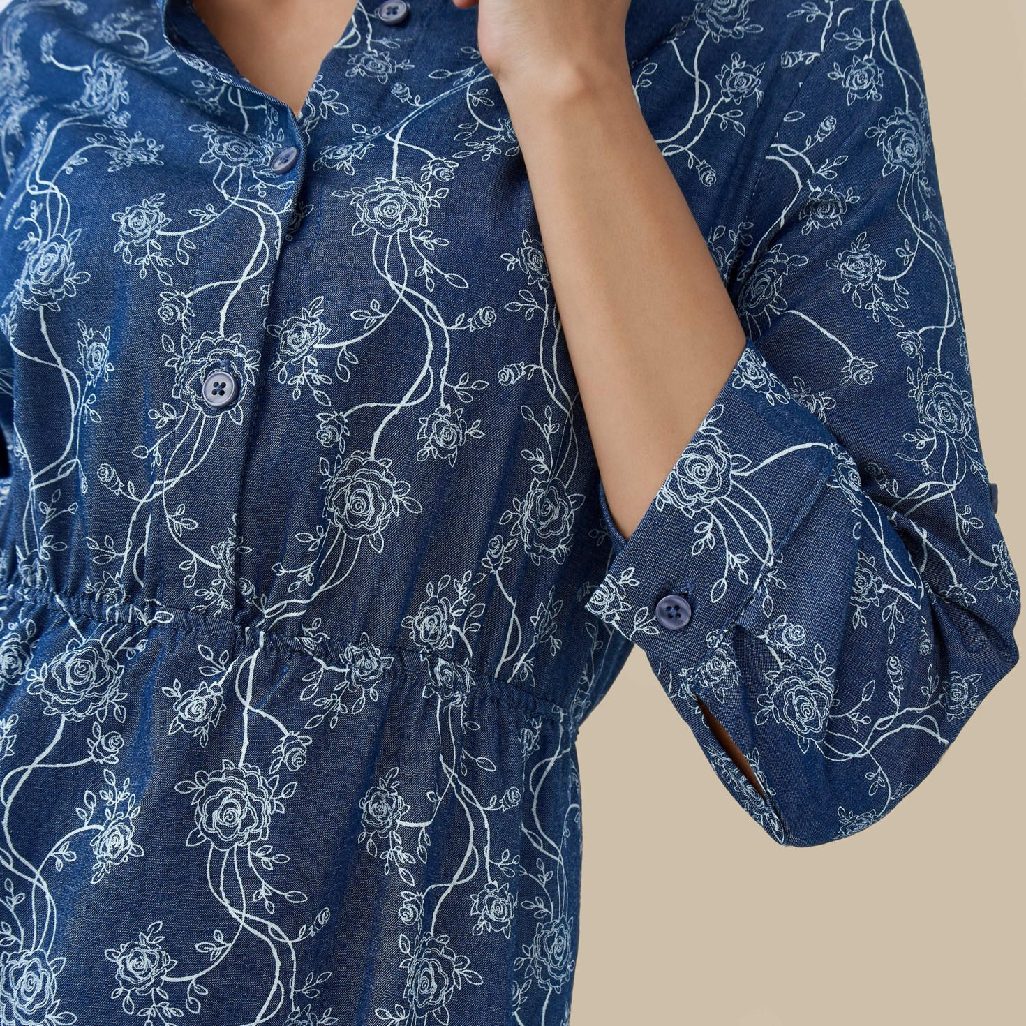 Midi Denim Shirt Dress with Floral Print-women-clothing-dresses-image-4