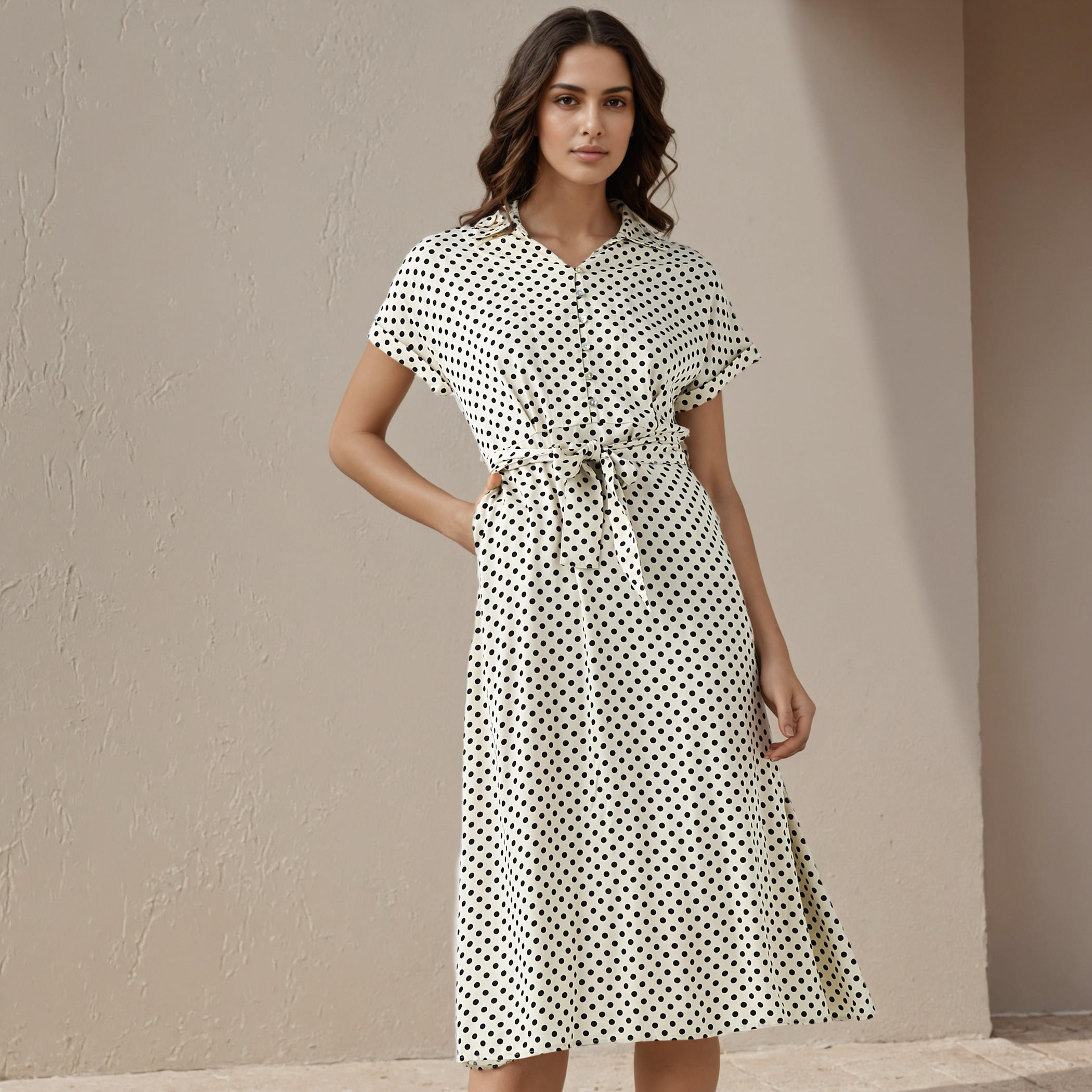 فستان رايون إيه لاين بطبعات منقطة وخصر برباط للنساء-women-clothing-dresses-image-1