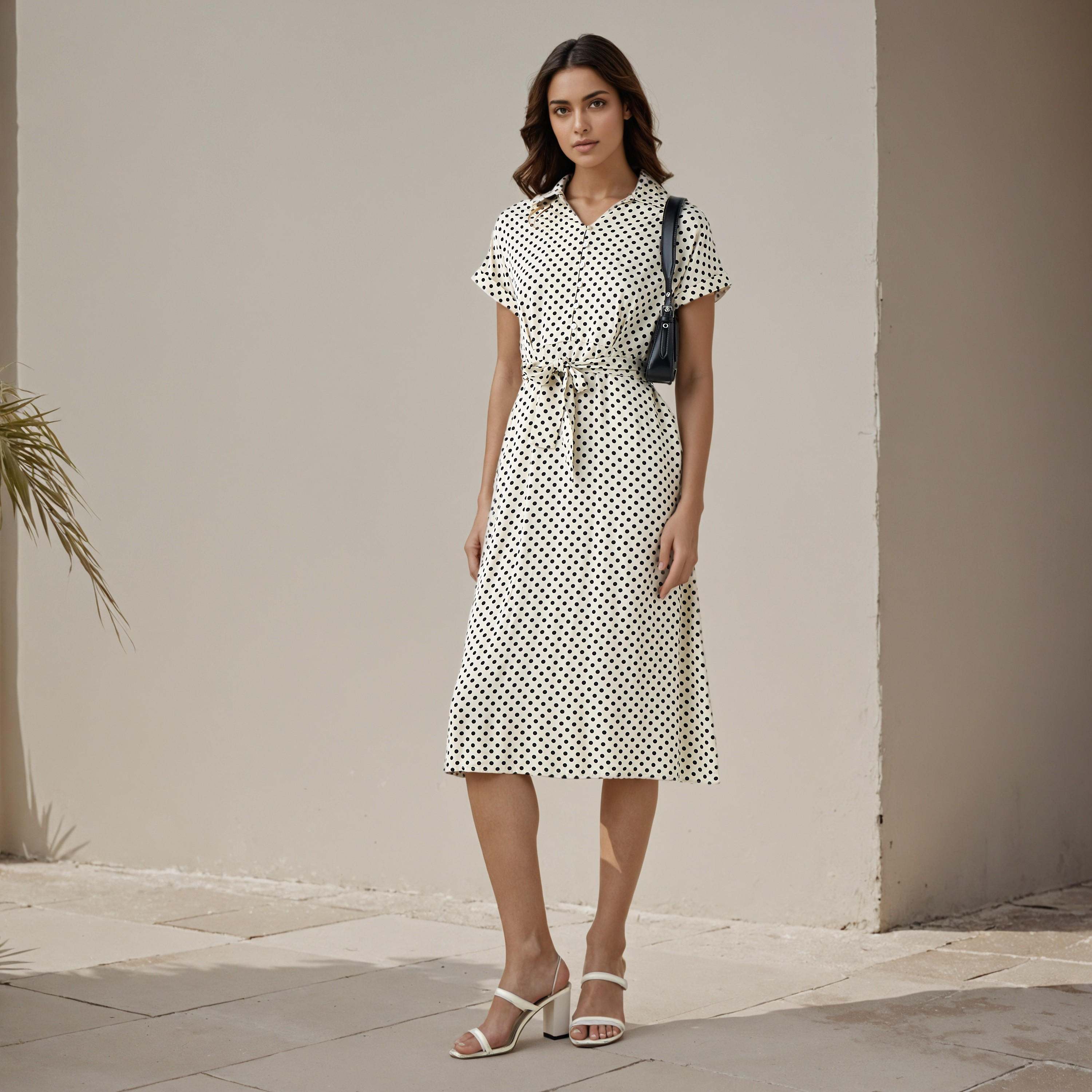 فستان رايون إيه لاين بطبعات منقطة وخصر برباط للنساء-women-clothing-dresses-image-2