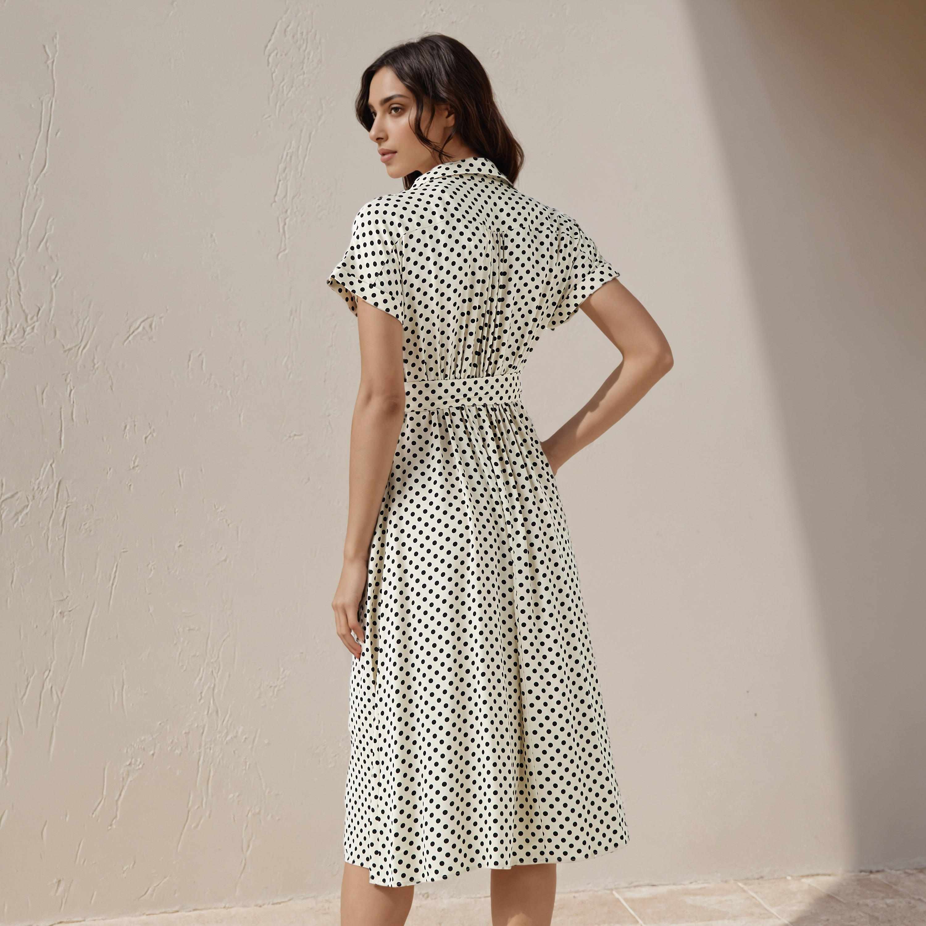 فستان رايون إيه لاين بطبعات منقطة وخصر برباط للنساء-women-clothing-dresses-image-3