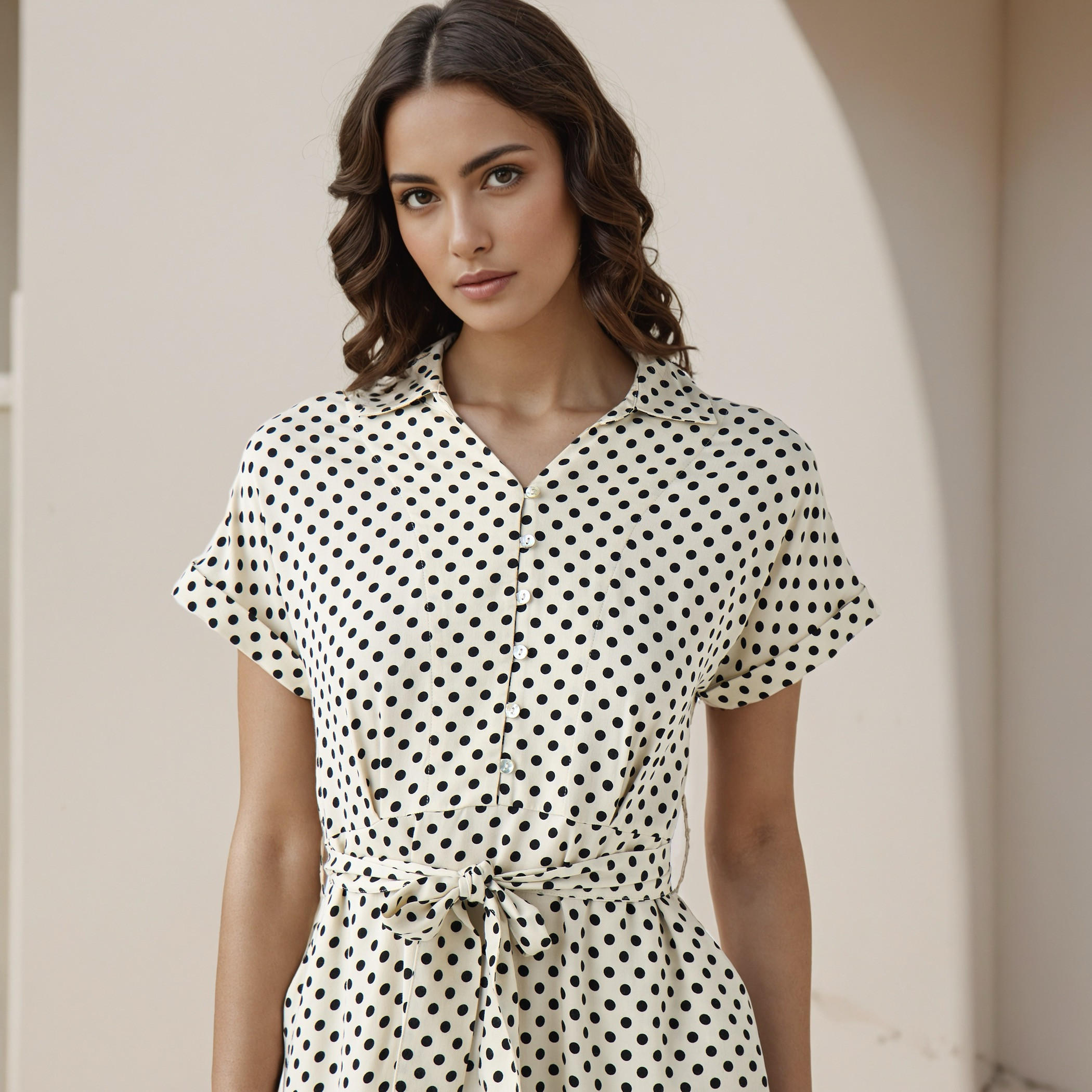 فستان رايون إيه لاين بطبعات منقطة وخصر برباط للنساء-women-clothing-dresses-image-4