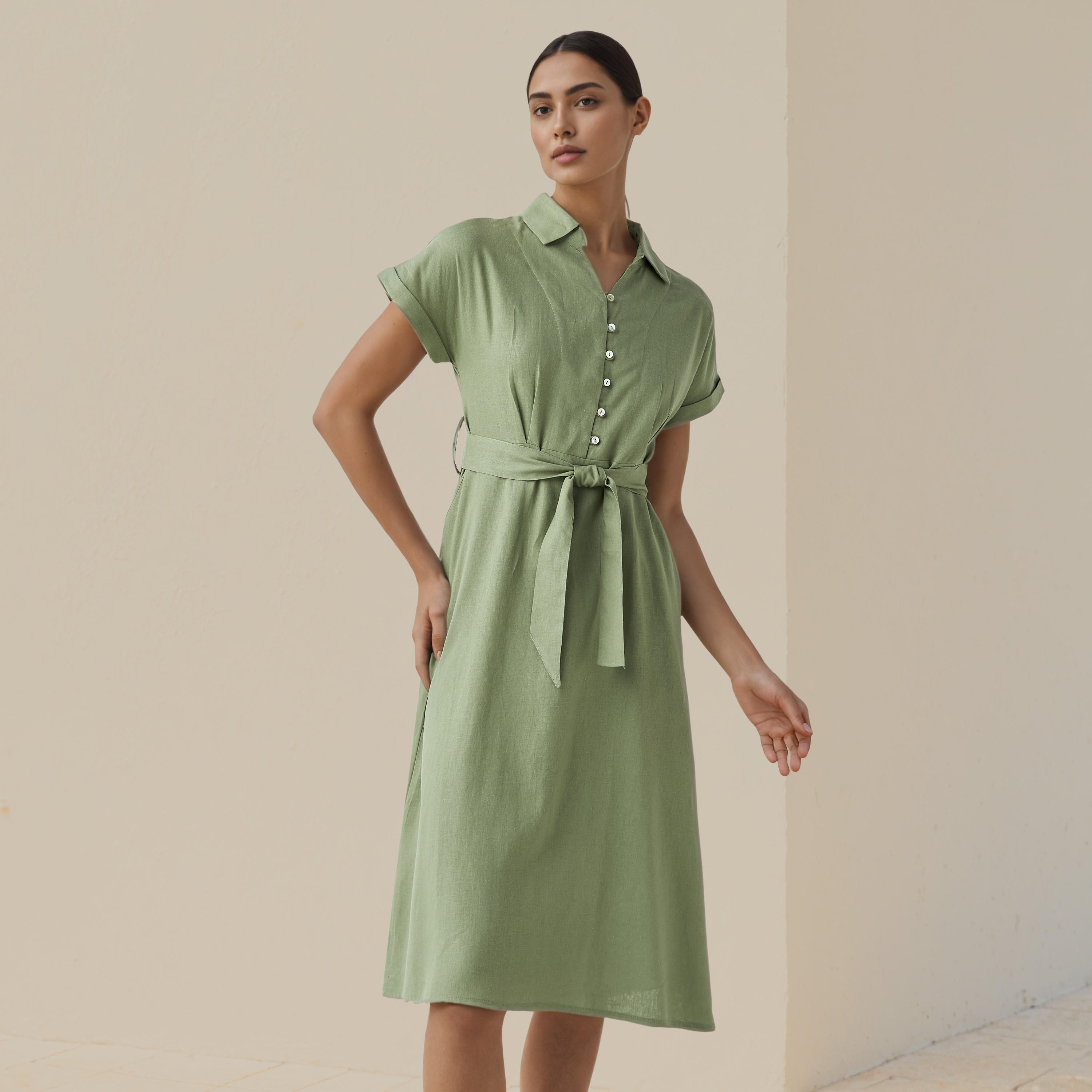 Shirt Knee-Length Dress with Waist Tie-Up-women-clothing-dresses-image-1