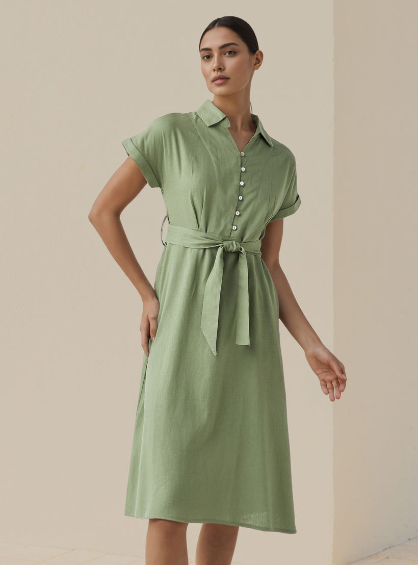 Shirt Knee-Length Dress with Waist Tie-Up-women-clothing-dresses-image-1