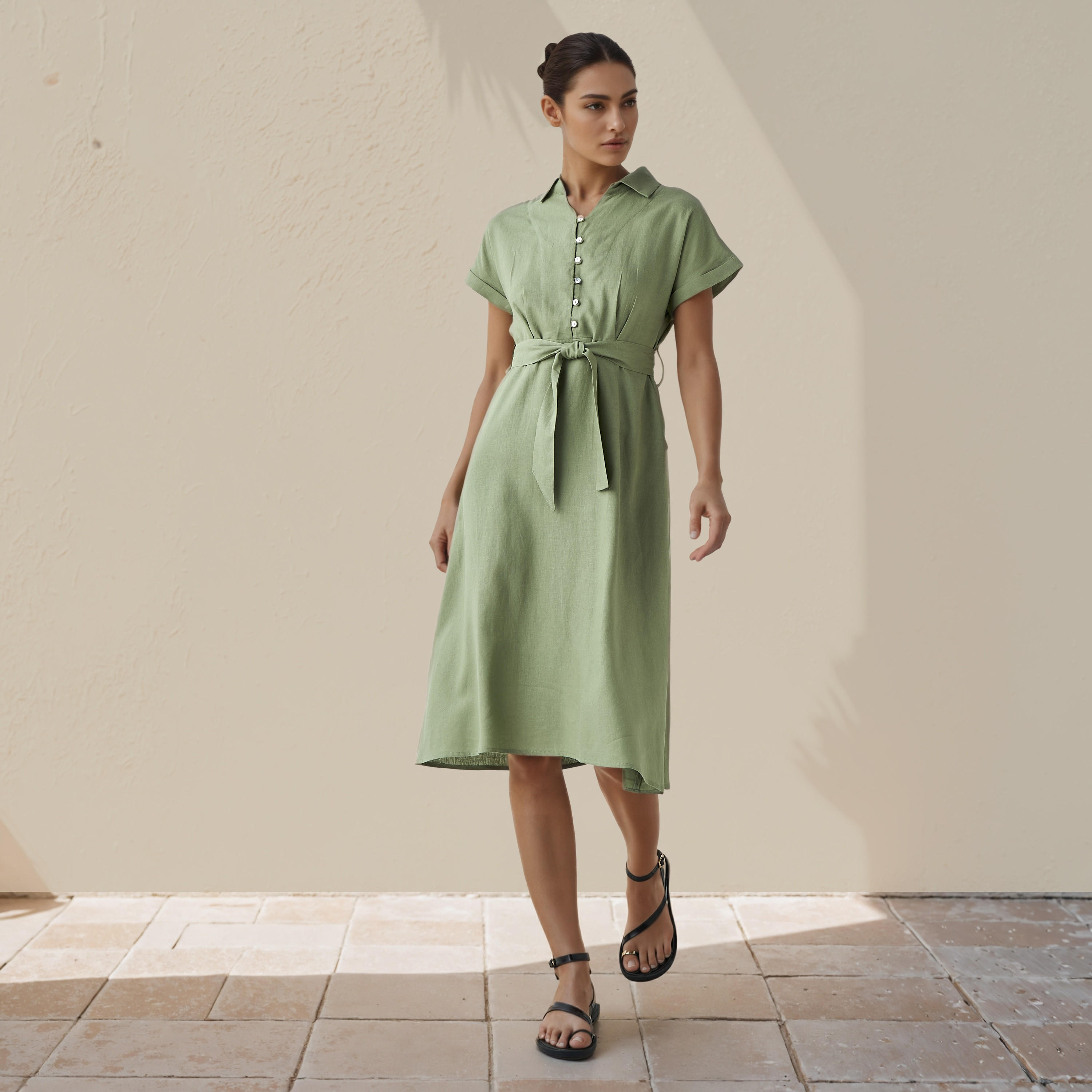Shirt Knee-Length Dress with Waist Tie-Up-women-clothing-dresses-image-2