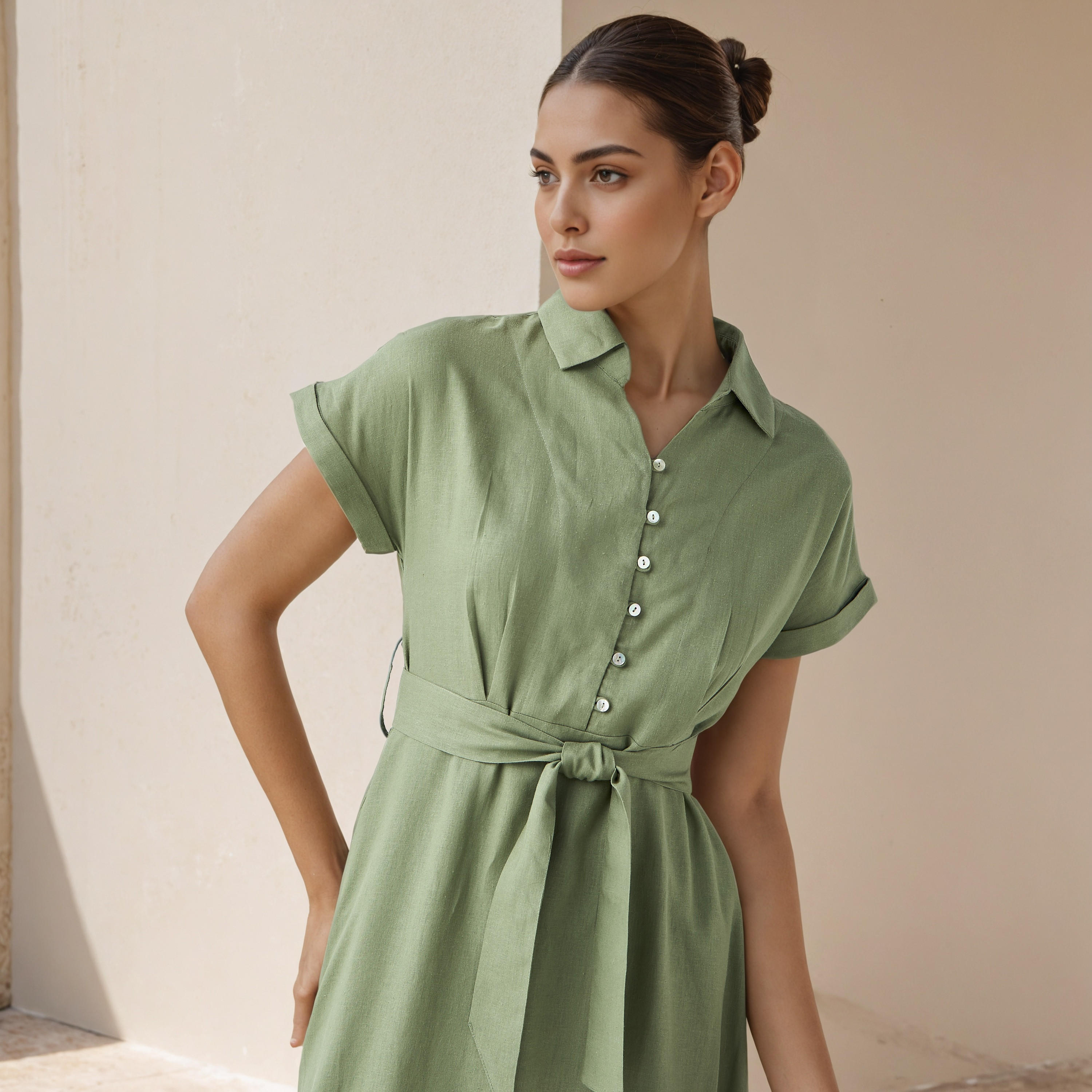 Shirt Knee-Length Dress with Waist Tie-Up-women-clothing-dresses-image-4