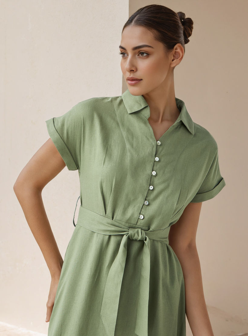Shirt Knee-Length Dress with Waist Tie-Up-women-clothing-dresses-image-4