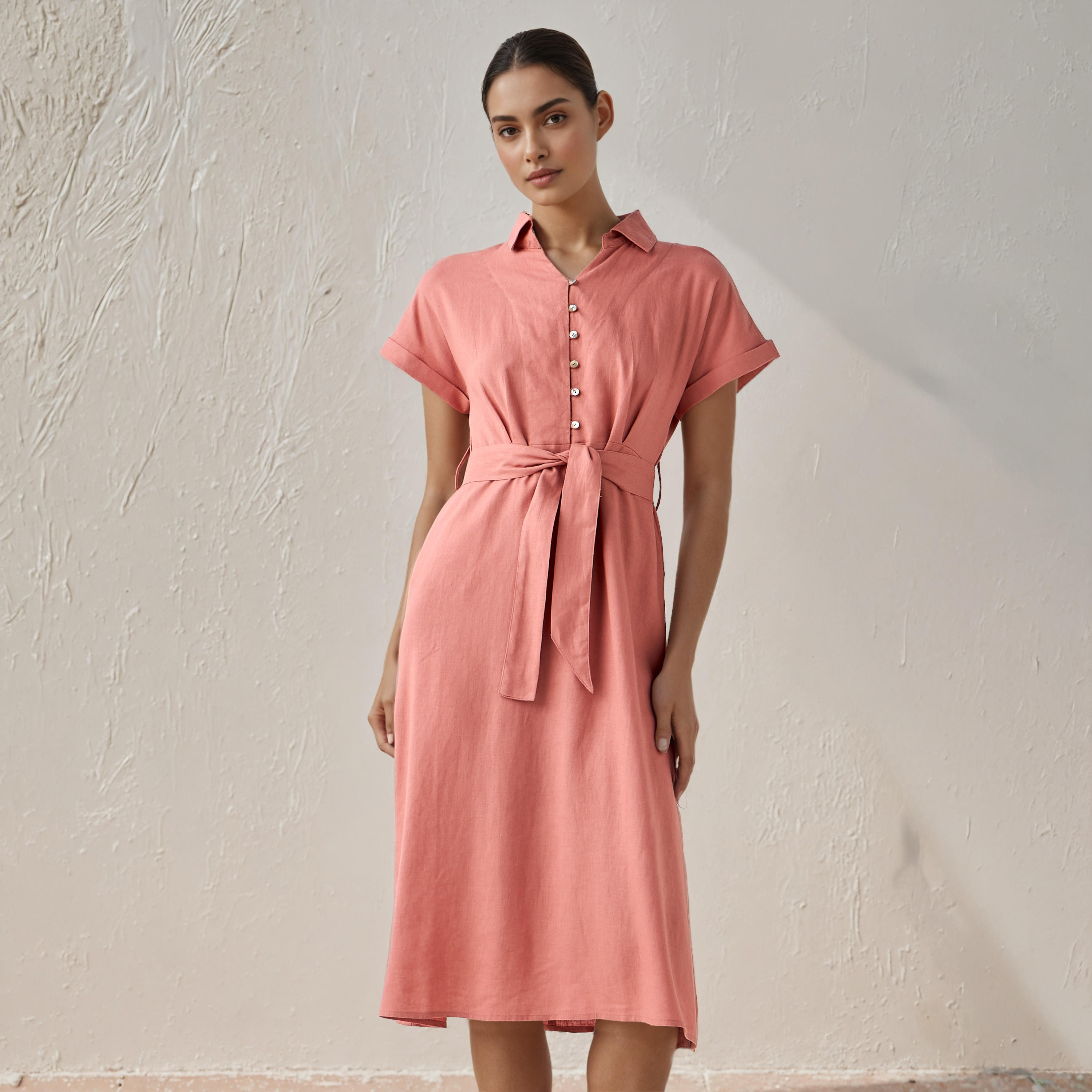 فستان قميص بطول الركبة وبحزام خصر-women-clothing-dresses-image-1