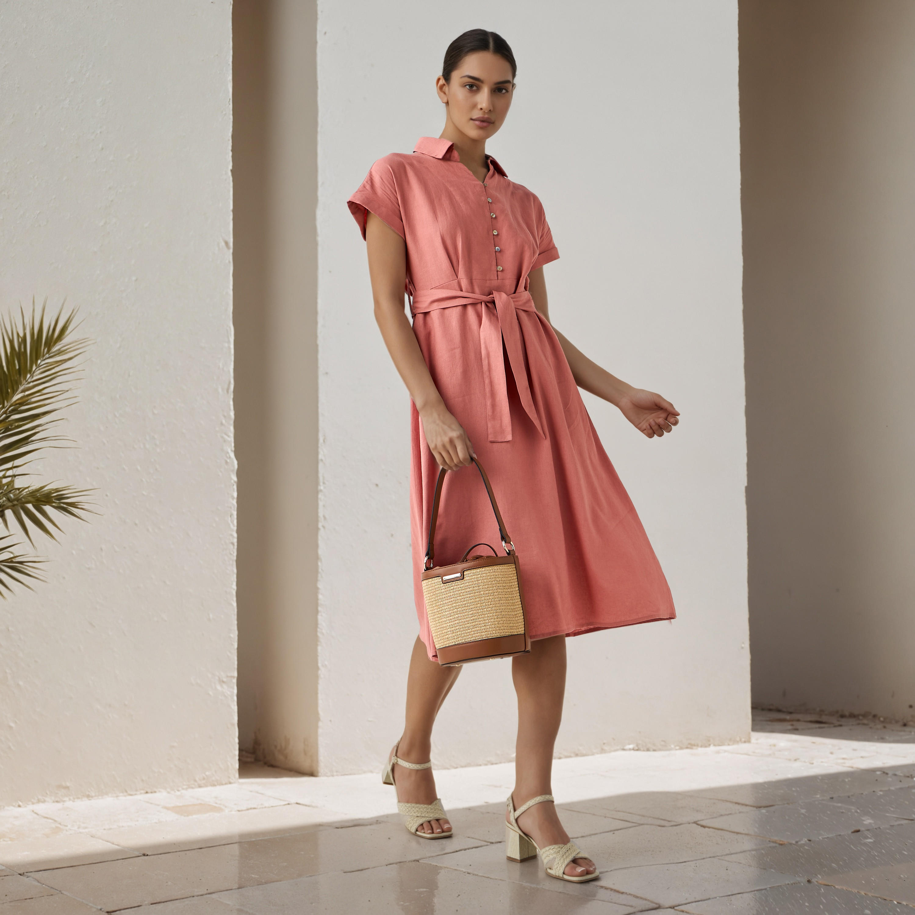 Shirt Knee-Length Dress with Waist Tie-Up-women-clothing-dresses-image-2