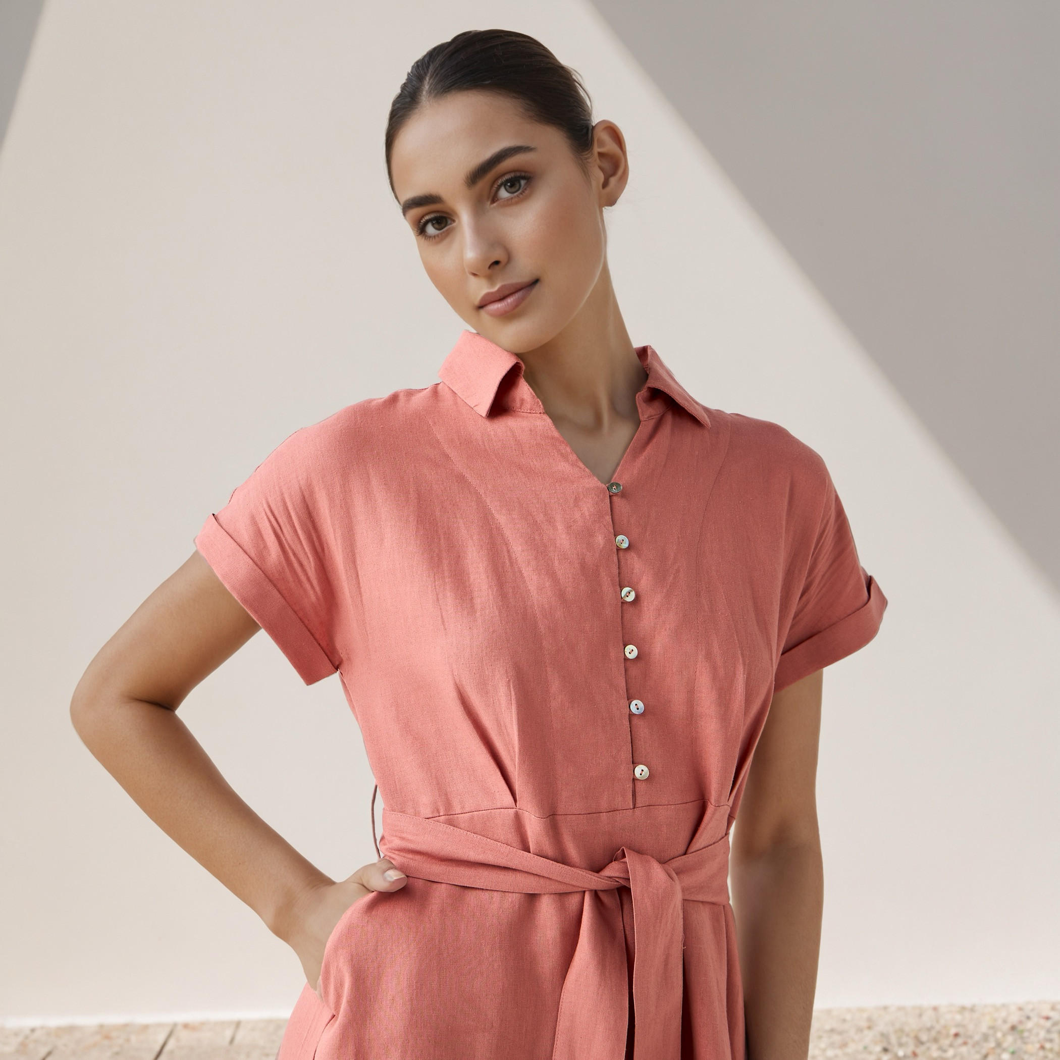 Shirt Knee-Length Dress with Waist Tie-Up-women-clothing-dresses-image-4