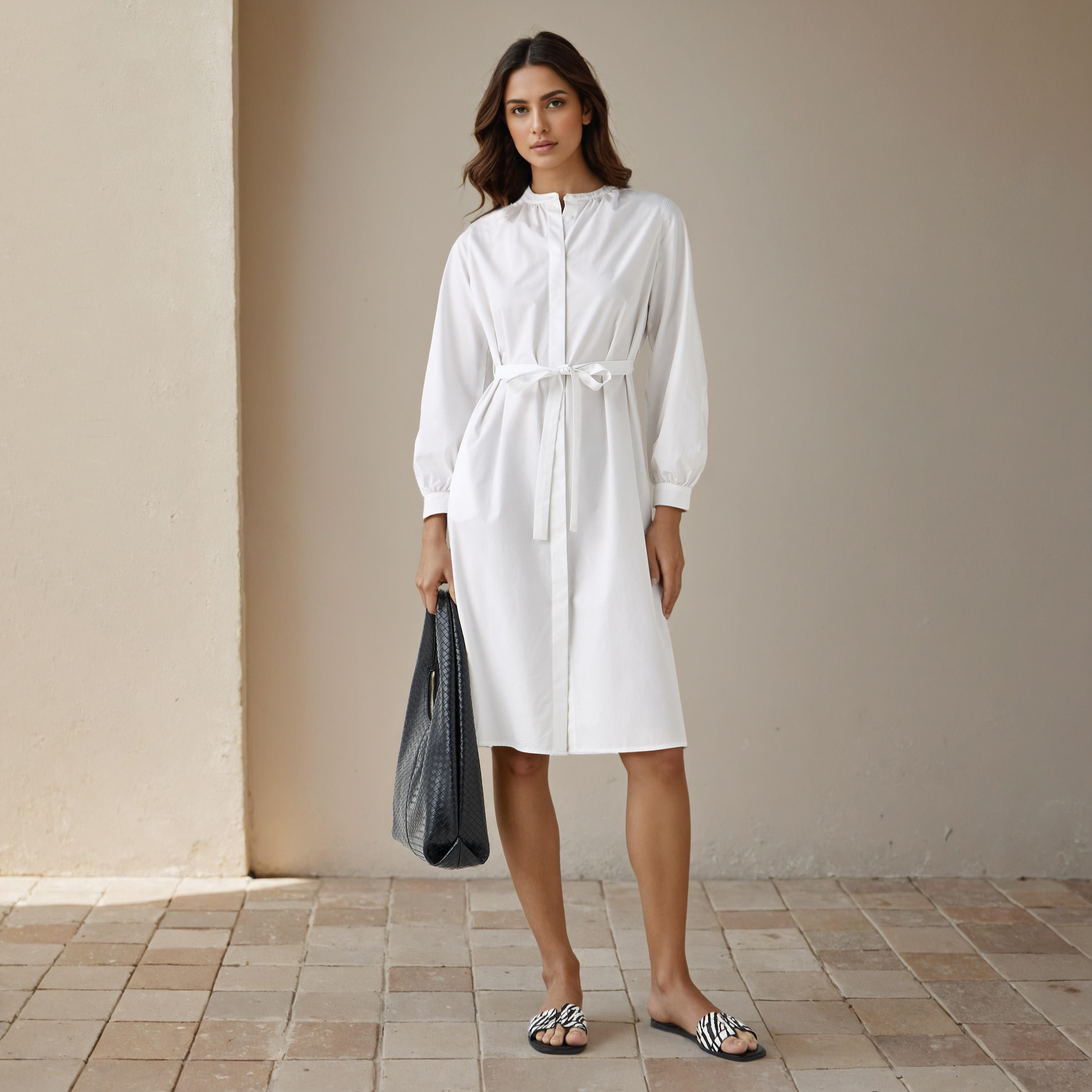 Shirt Knee-Length Dress with Waist Tie-Up-women-clothing-dresses-image-2