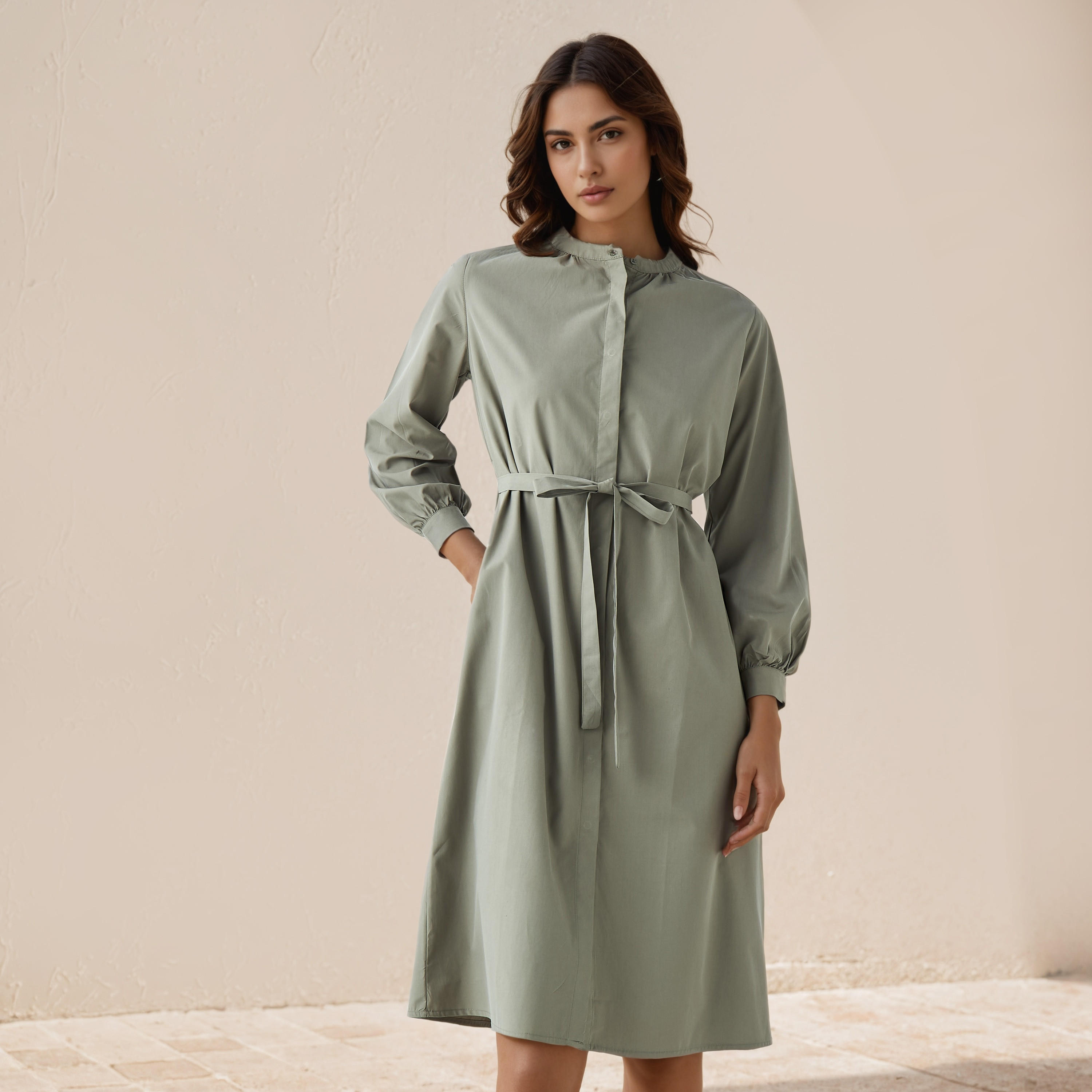 Shirt Knee-Length Dress with Waist Tie-Up-women-clothing-dresses-image-1