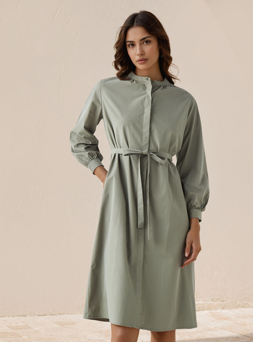 Shirt Knee-Length Dress with Waist Tie-Up-women-clothing-dresses-image-1