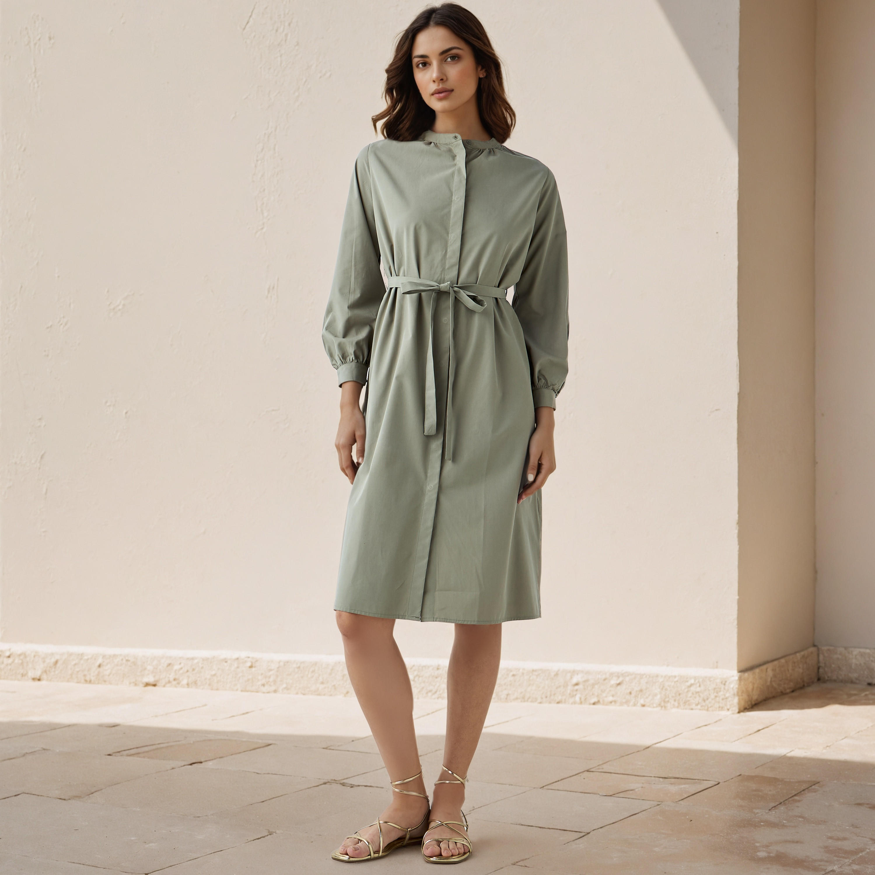 Shirt Knee-Length Dress with Waist Tie-Up-women-clothing-dresses-image-2