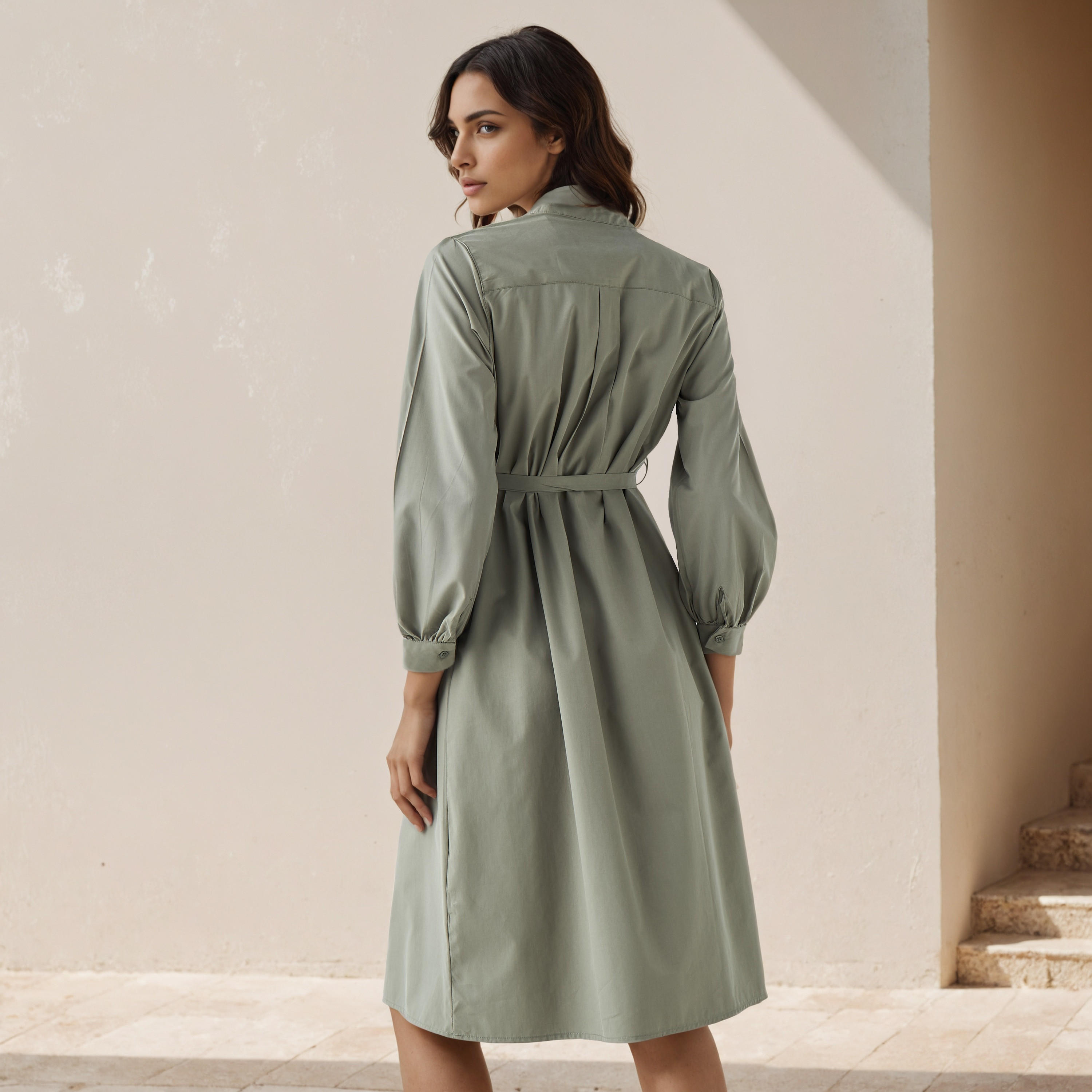 Shirt Knee-Length Dress with Waist Tie-Up-women-clothing-dresses-image-3